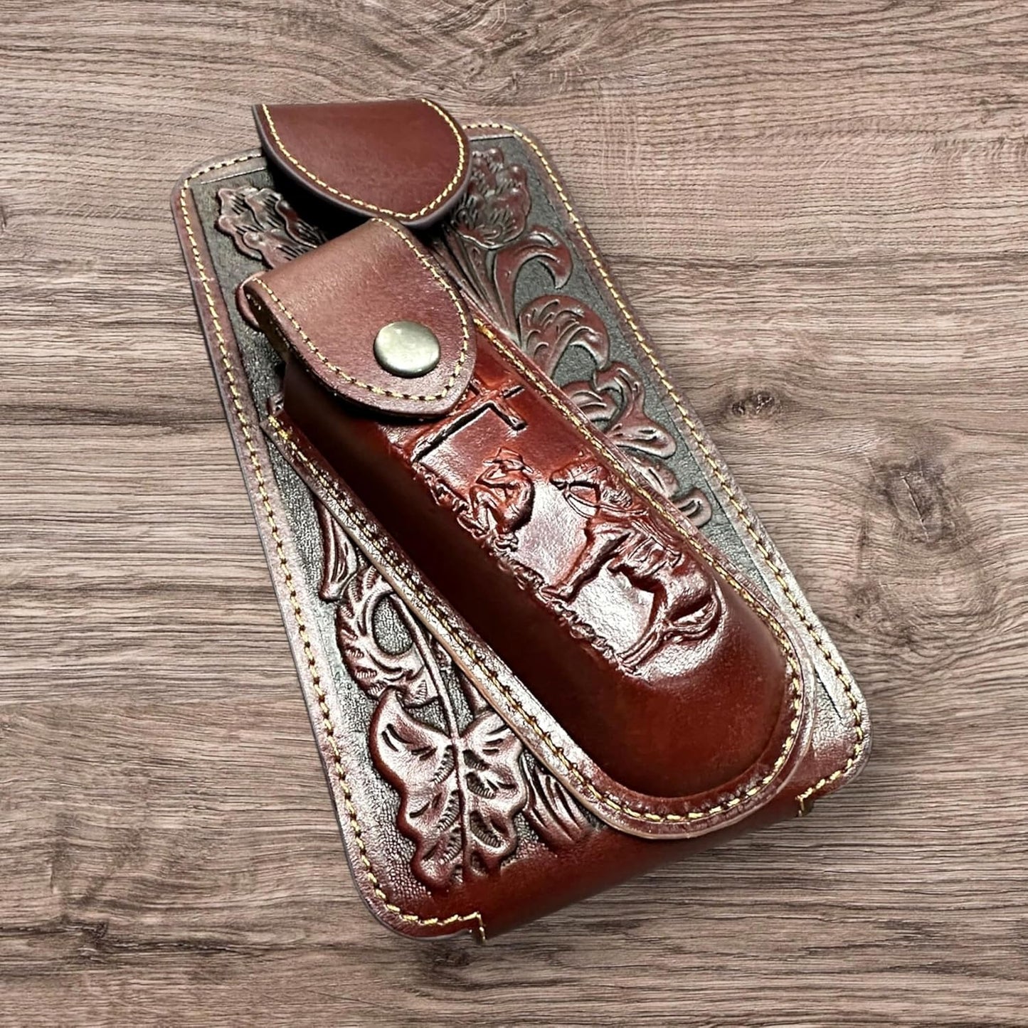 7" COWBOY PRAYER & KNIFE LEATHER POUCH HOLDER XTRA LARGE  BELT LOOP CELL PHONE CASE UNIVERSAL OVERSIZE #EH12300 -- FREE SHIPPING