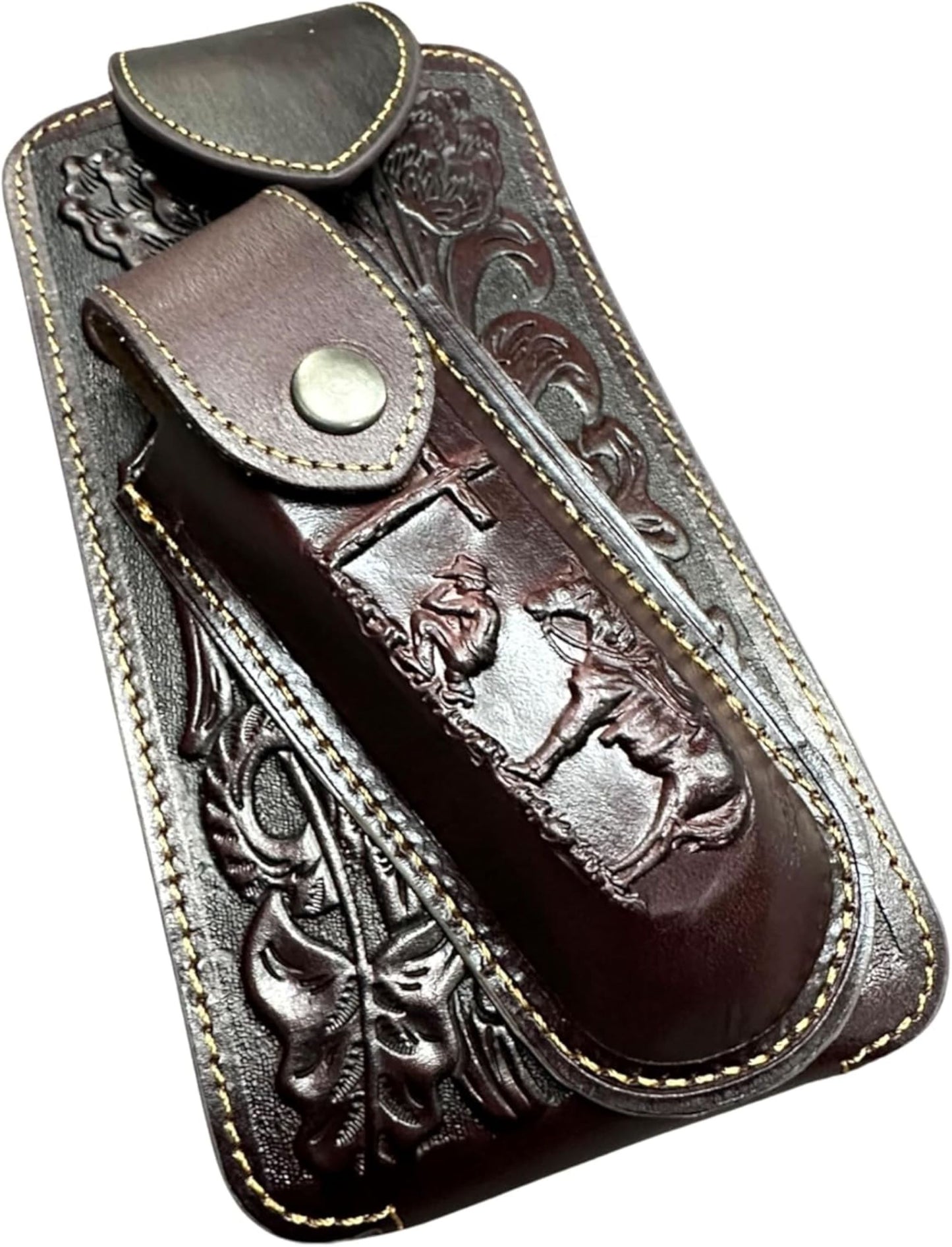 7" COWBOY PRAYER & KNIFE LEATHER POUCH HOLDER XTRA LARGE  BELT LOOP CELL PHONE CASE UNIVERSAL OVERSIZE #EH12300 -- FREE SHIPPING