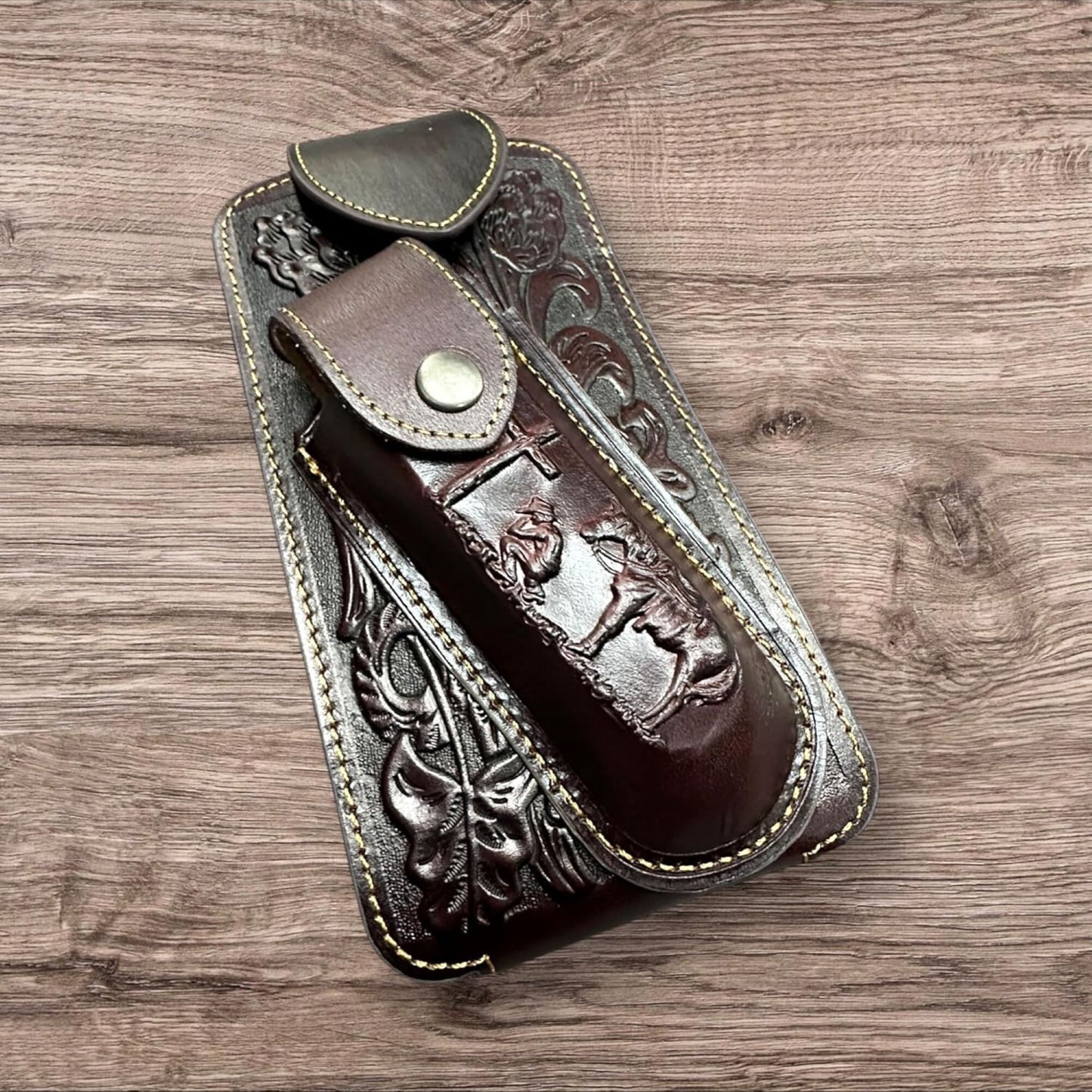 7" COWBOY PRAYER & KNIFE LEATHER POUCH HOLDER XTRA LARGE  BELT LOOP CELL PHONE CASE UNIVERSAL OVERSIZE #EH12300 -- FREE SHIPPING