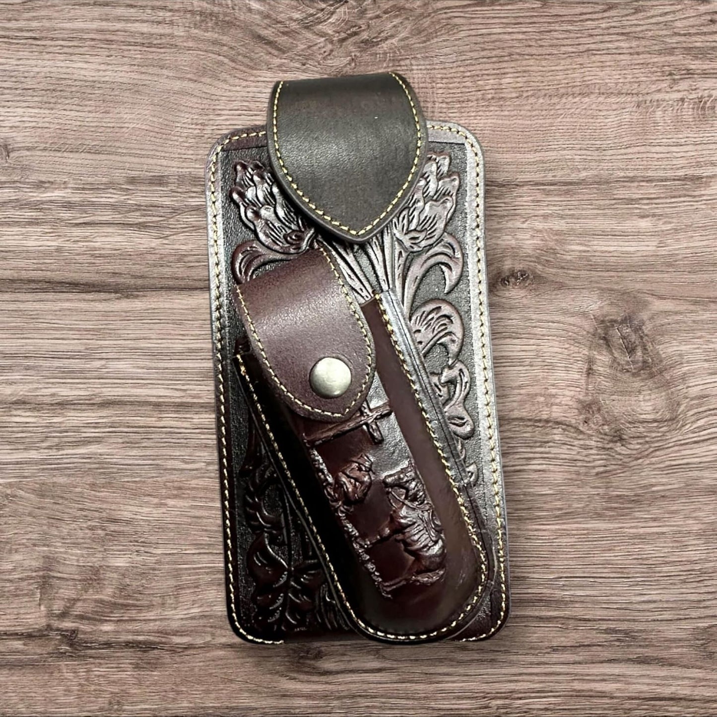 7" COWBOY PRAYER & KNIFE LEATHER POUCH HOLDER XTRA LARGE  BELT LOOP CELL PHONE CASE UNIVERSAL OVERSIZE #EH12300 -- FREE SHIPPING