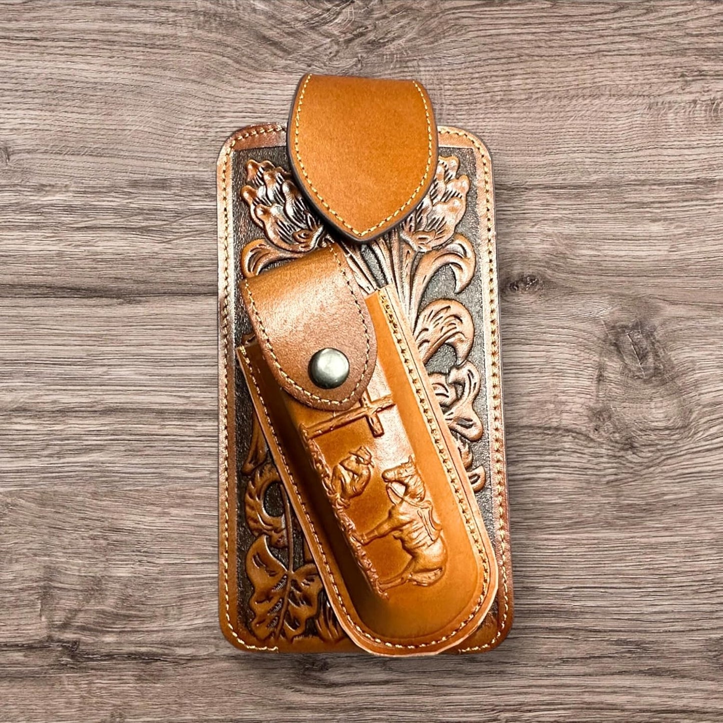 7" COWBOY PRAYER & KNIFE LEATHER POUCH HOLDER XTRA LARGE  BELT LOOP CELL PHONE CASE UNIVERSAL OVERSIZE #EH12300 -- FREE SHIPPING