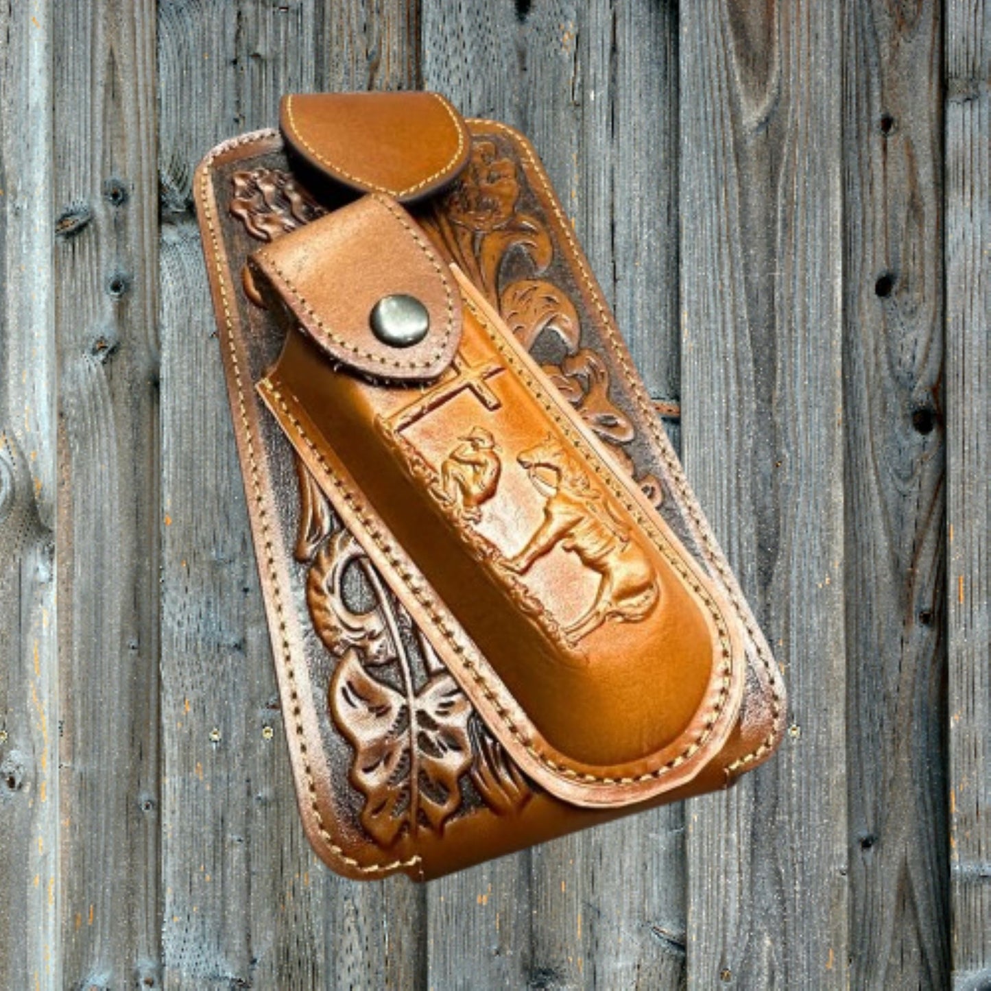 7" COWBOY PRAYER & KNIFE LEATHER POUCH HOLDER XTRA LARGE  BELT LOOP CELL PHONE CASE UNIVERSAL OVERSIZE #EH12300 -- FREE SHIPPING