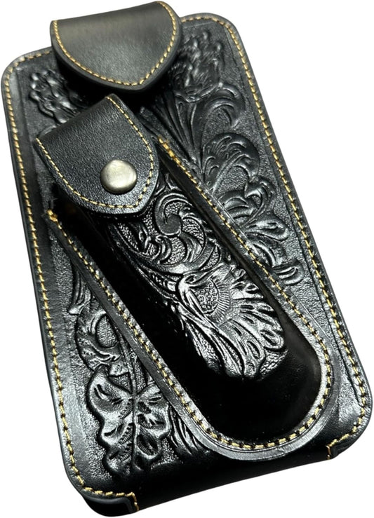7" FLORAL & KNIFE LEATHER POUCH HOLDER XTRA LARGE  BELT LOOP CELL PHONE CASE UNIVERSAL OVERSIZE #EH12308 -- FREE SHIPPING
