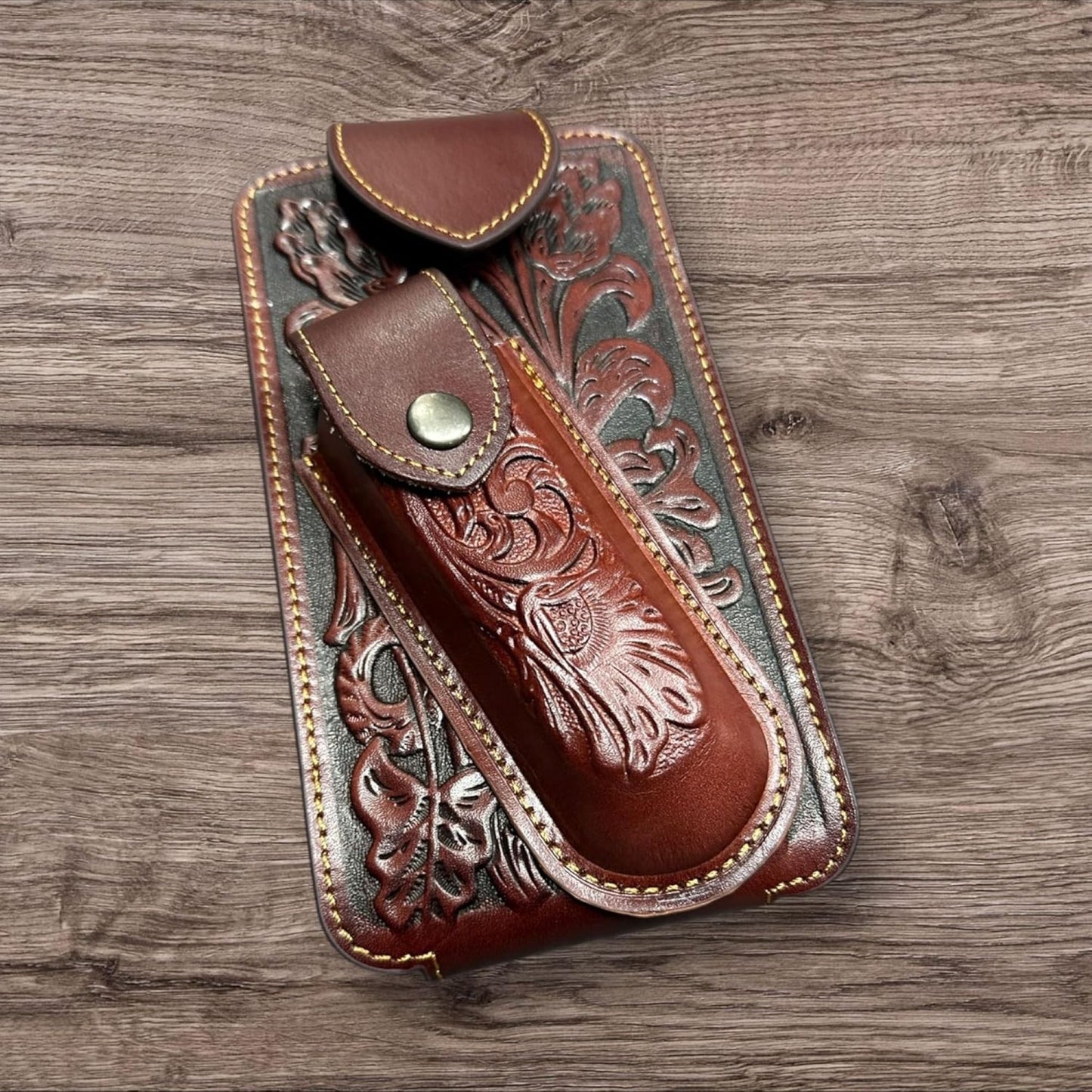 7" FLORAL & KNIFE LEATHER POUCH HOLDER XTRA LARGE  BELT LOOP CELL PHONE CASE UNIVERSAL OVERSIZE #EH12308 -- FREE SHIPPING