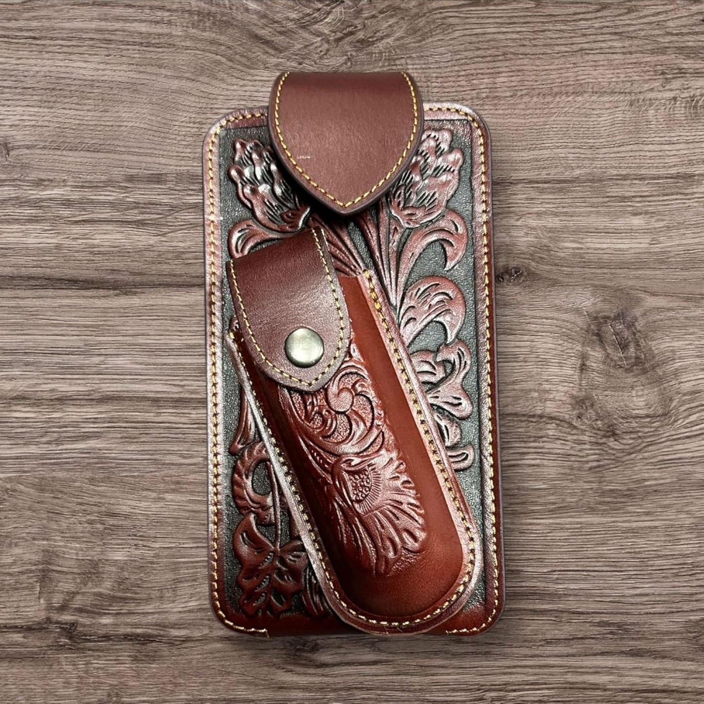 7" FLORAL & KNIFE LEATHER POUCH HOLDER XTRA LARGE  BELT LOOP CELL PHONE CASE UNIVERSAL OVERSIZE #EH12308 -- FREE SHIPPING