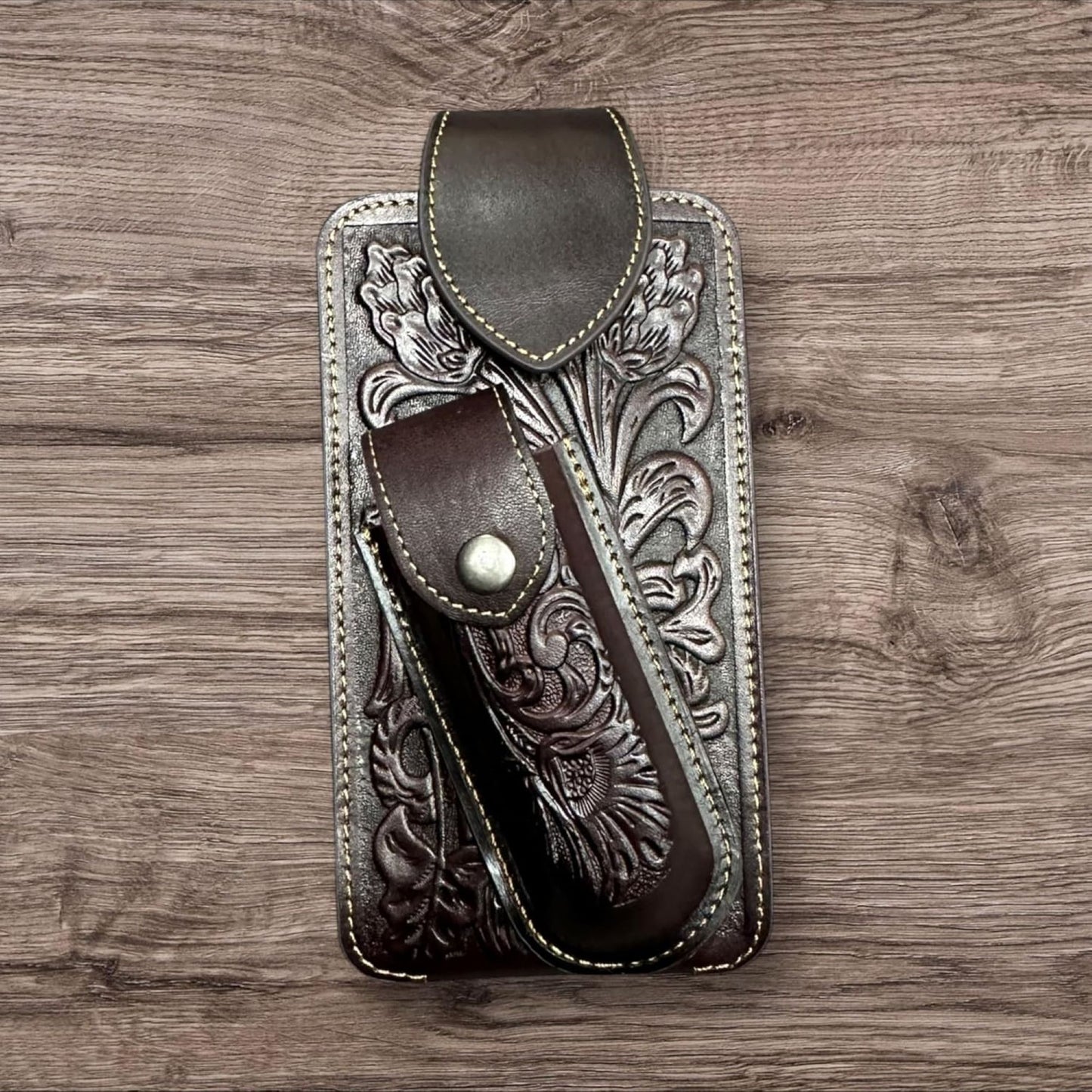 7" FLORAL & KNIFE LEATHER POUCH HOLDER XTRA LARGE  BELT LOOP CELL PHONE CASE UNIVERSAL OVERSIZE #EH12308 -- FREE SHIPPING