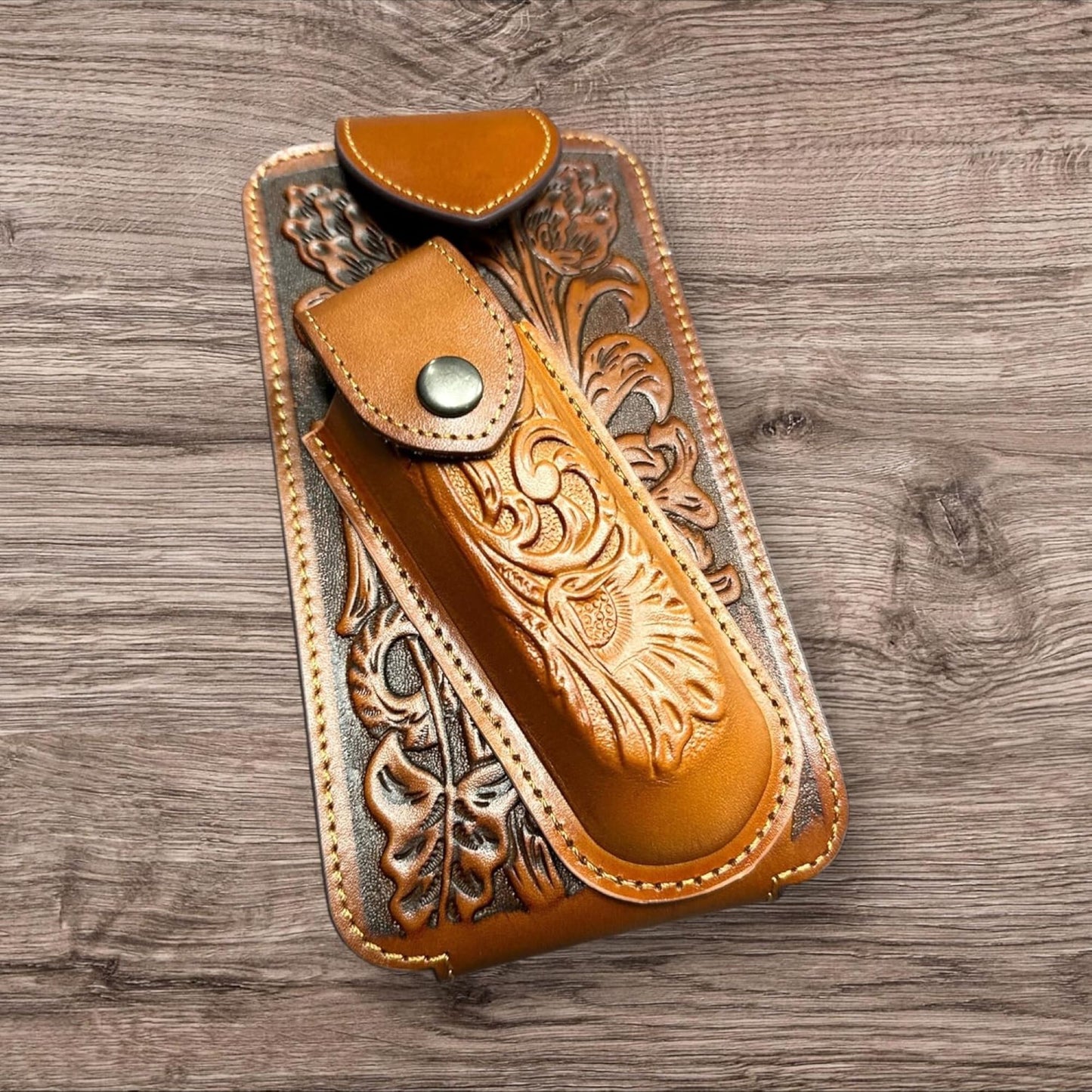 7" FLORAL & KNIFE LEATHER POUCH HOLDER XTRA LARGE  BELT LOOP CELL PHONE CASE UNIVERSAL OVERSIZE #EH12308 -- FREE SHIPPING