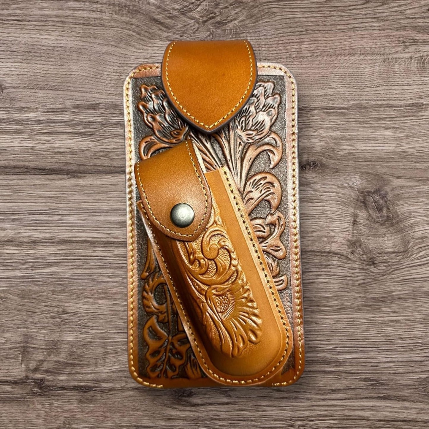 7" FLORAL & KNIFE LEATHER POUCH HOLDER XTRA LARGE  BELT LOOP CELL PHONE CASE UNIVERSAL OVERSIZE #EH12308 -- FREE SHIPPING