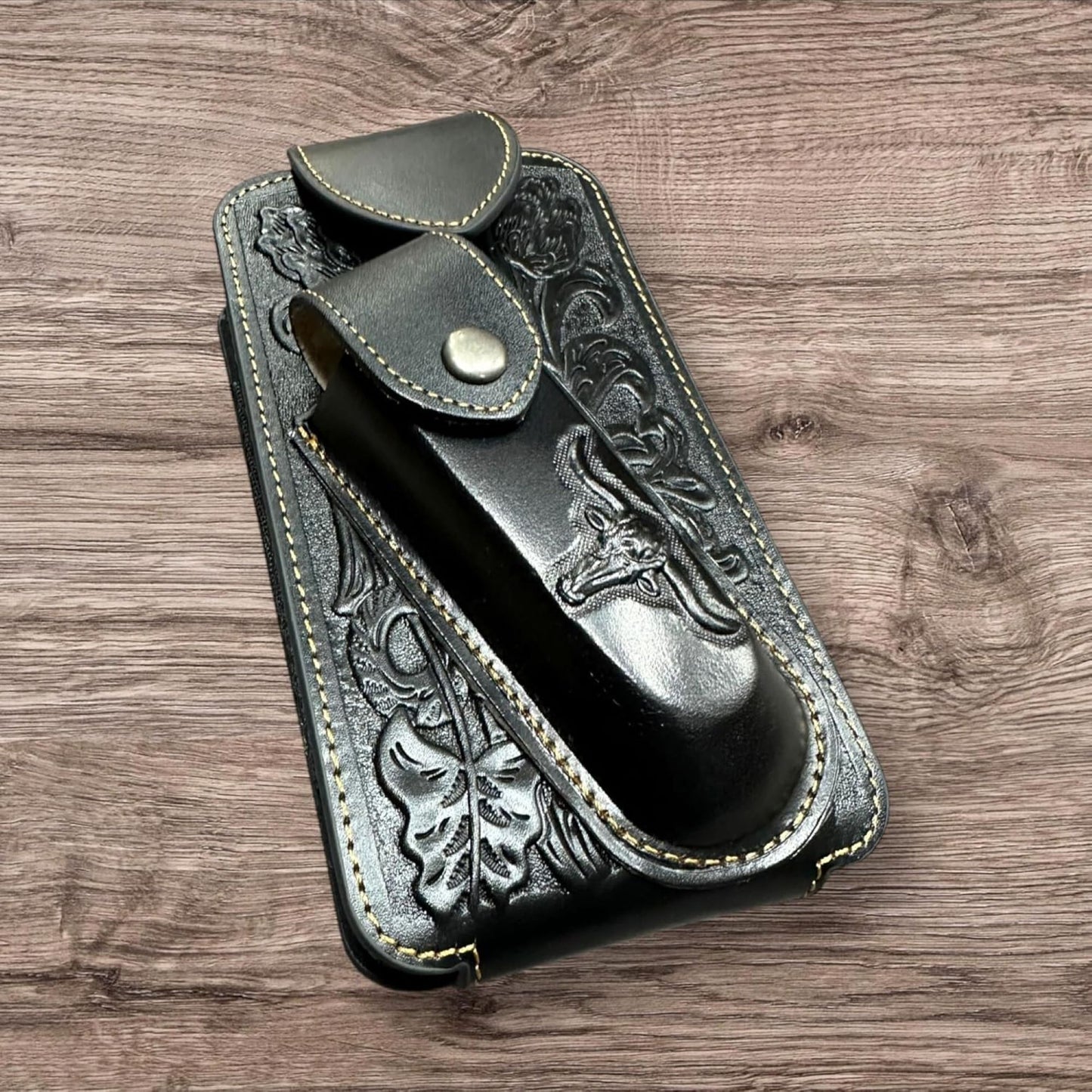 7" LONGHORNS & KNIFE LEATHER HOLSTER POUCH HOLDER XTRA LARGE  BELT LOOP CELL PHONE CASE UNIVERSAL OVERSIZE #EH12303 -- FREE SHIPPING