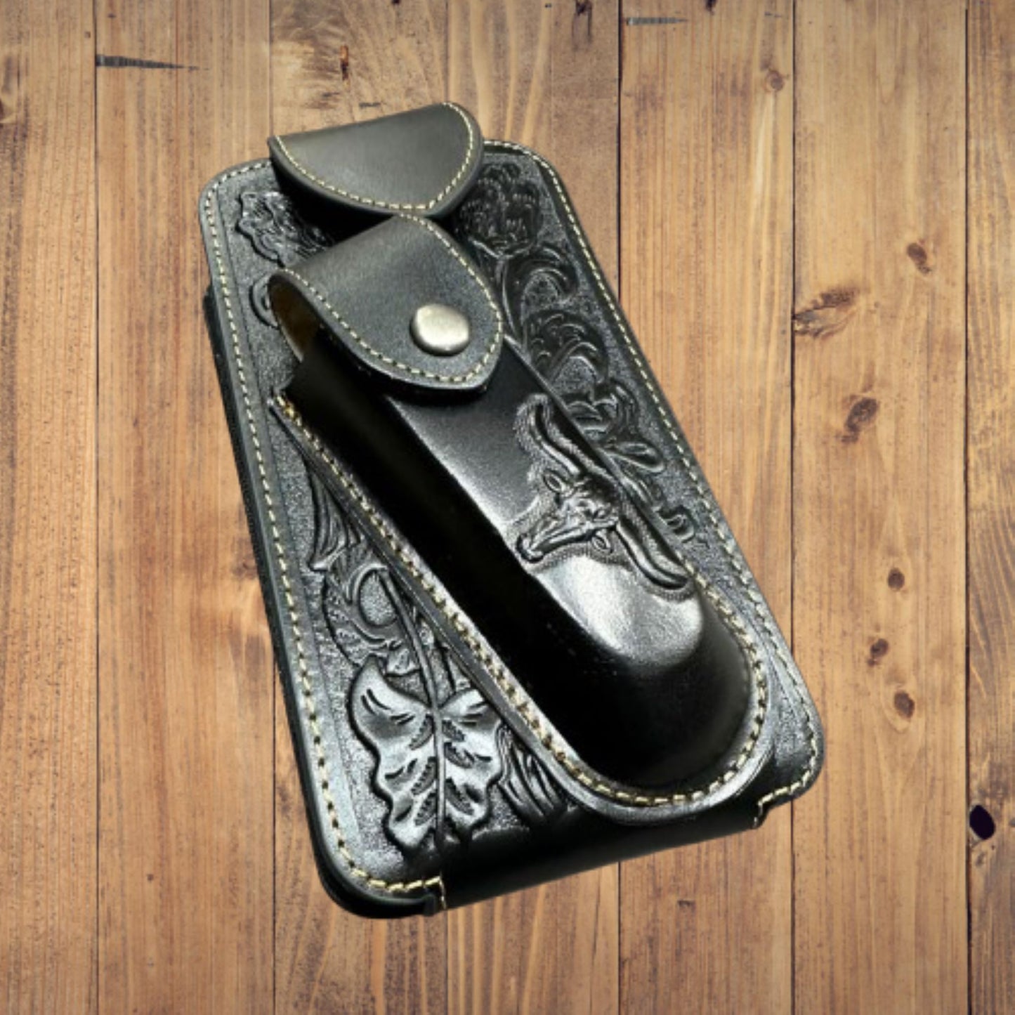 7" LONGHORNS & KNIFE LEATHER HOLSTER POUCH HOLDER XTRA LARGE  BELT LOOP CELL PHONE CASE UNIVERSAL OVERSIZE #EH12303 -- FREE SHIPPING