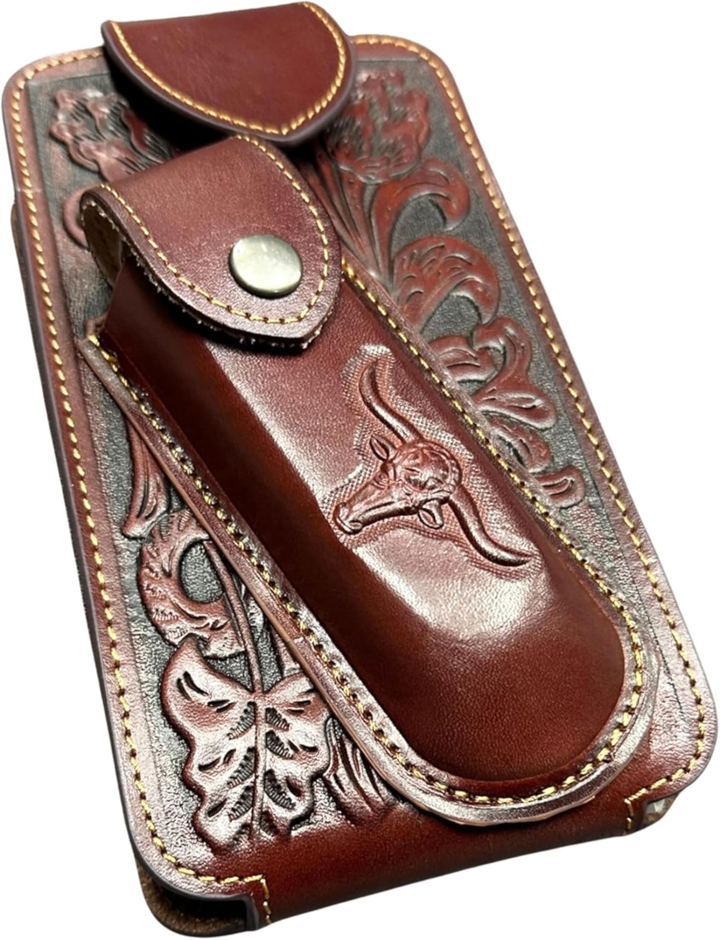 7" LONGHORNS & KNIFE LEATHER HOLSTER POUCH HOLDER XTRA LARGE  BELT LOOP CELL PHONE CASE UNIVERSAL OVERSIZE #EH12303 -- FREE SHIPPING