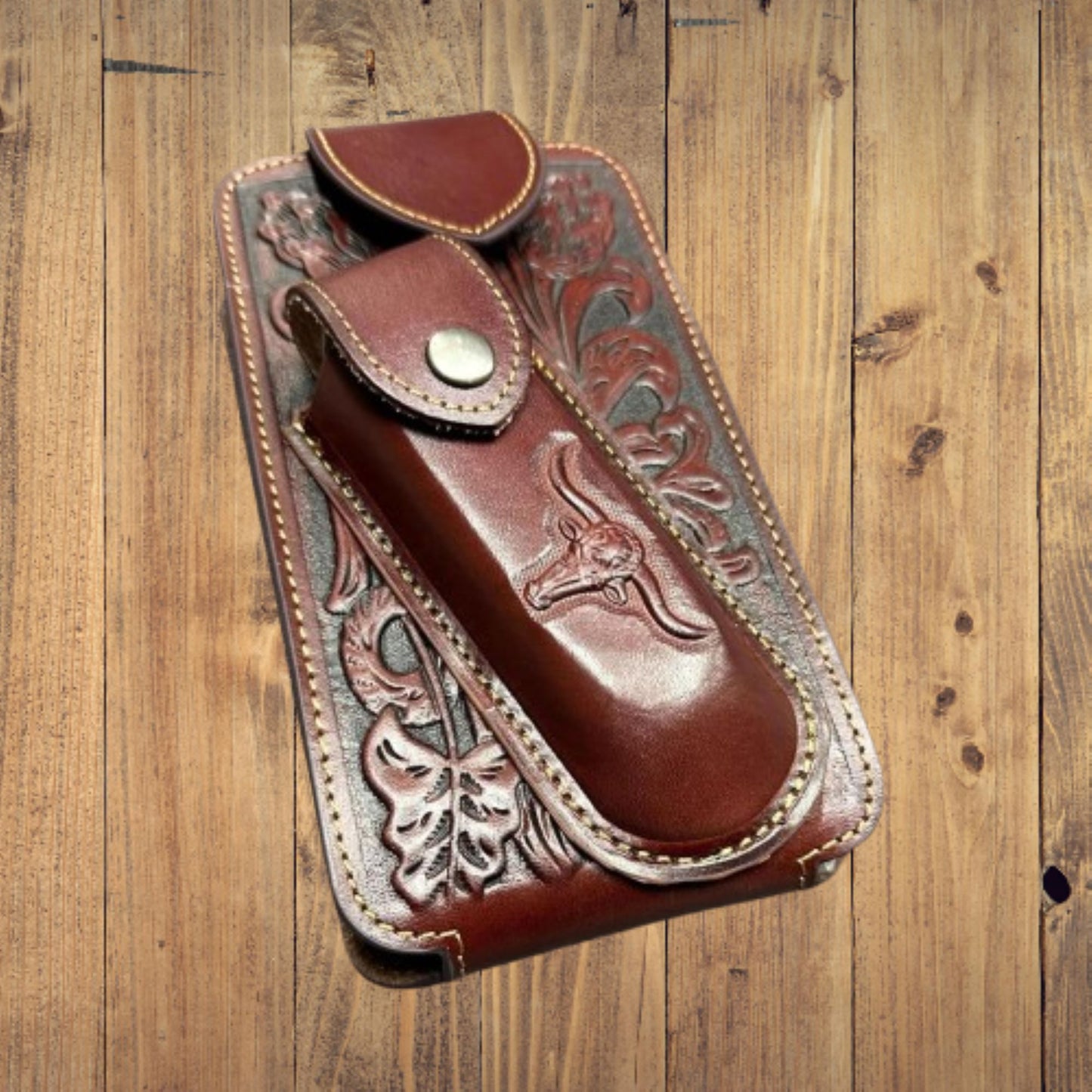 7" LONGHORNS & KNIFE LEATHER HOLSTER POUCH HOLDER XTRA LARGE  BELT LOOP CELL PHONE CASE UNIVERSAL OVERSIZE #EH12303 -- FREE SHIPPING