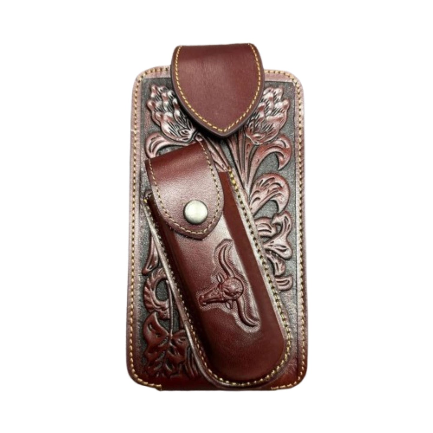 7" LONGHORNS & KNIFE LEATHER HOLSTER POUCH HOLDER XTRA LARGE  BELT LOOP CELL PHONE CASE UNIVERSAL OVERSIZE #EH12303 -- FREE SHIPPING