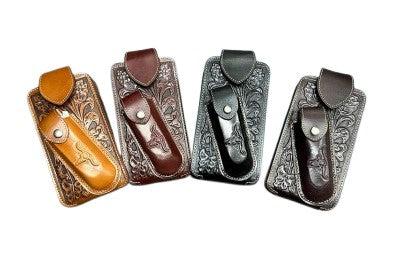 7" LONGHORNS & KNIFE LEATHER HOLSTER POUCH HOLDER XTRA LARGE  BELT LOOP CELL PHONE CASE UNIVERSAL OVERSIZE #EH12303 -- FREE SHIPPING
