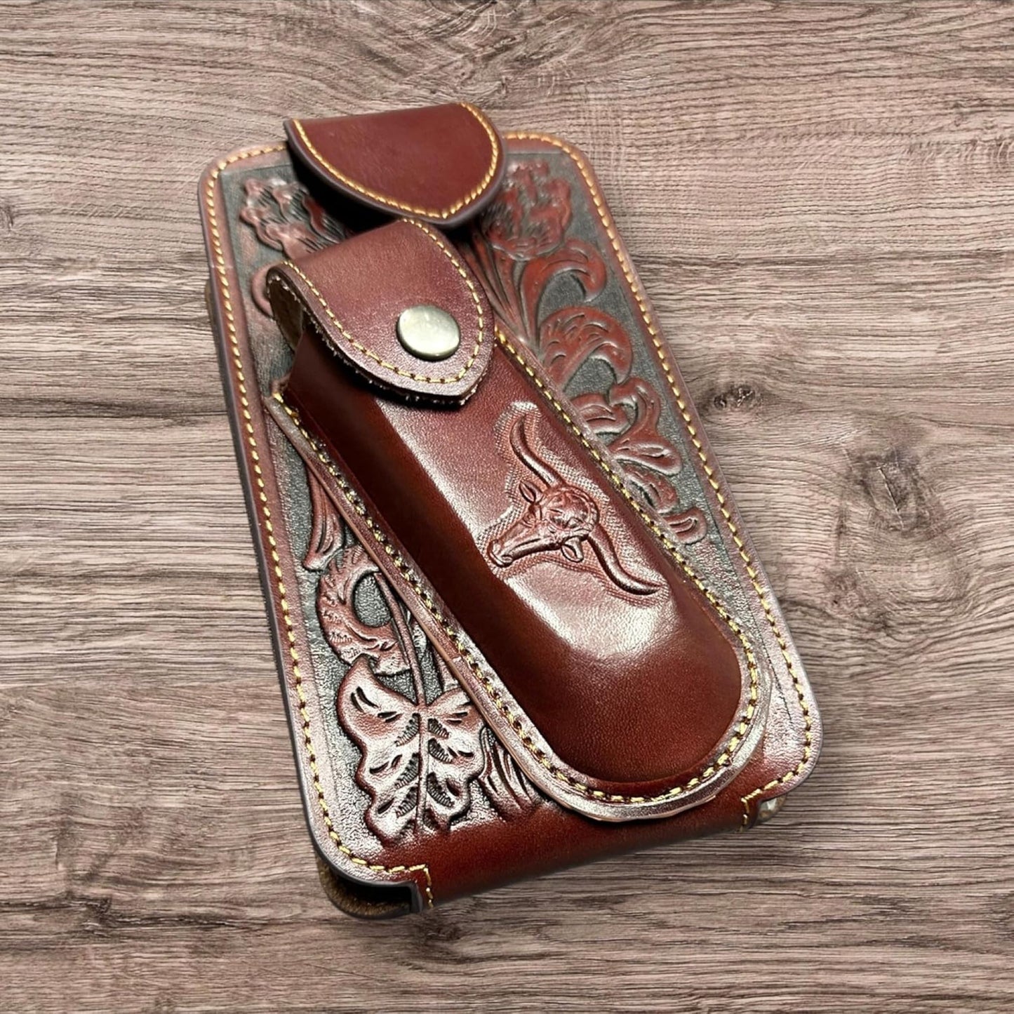 7" LONGHORNS & KNIFE LEATHER HOLSTER POUCH HOLDER XTRA LARGE  BELT LOOP CELL PHONE CASE UNIVERSAL OVERSIZE #EH12303 -- FREE SHIPPING