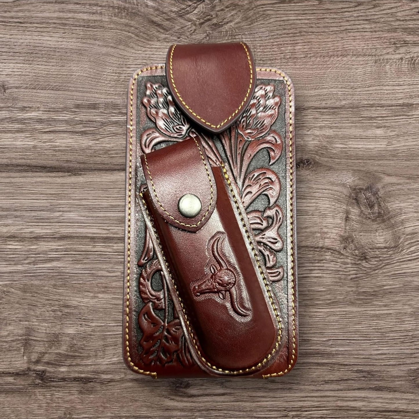 7" LONGHORNS & KNIFE LEATHER HOLSTER POUCH HOLDER XTRA LARGE  BELT LOOP CELL PHONE CASE UNIVERSAL OVERSIZE #EH12303 -- FREE SHIPPING