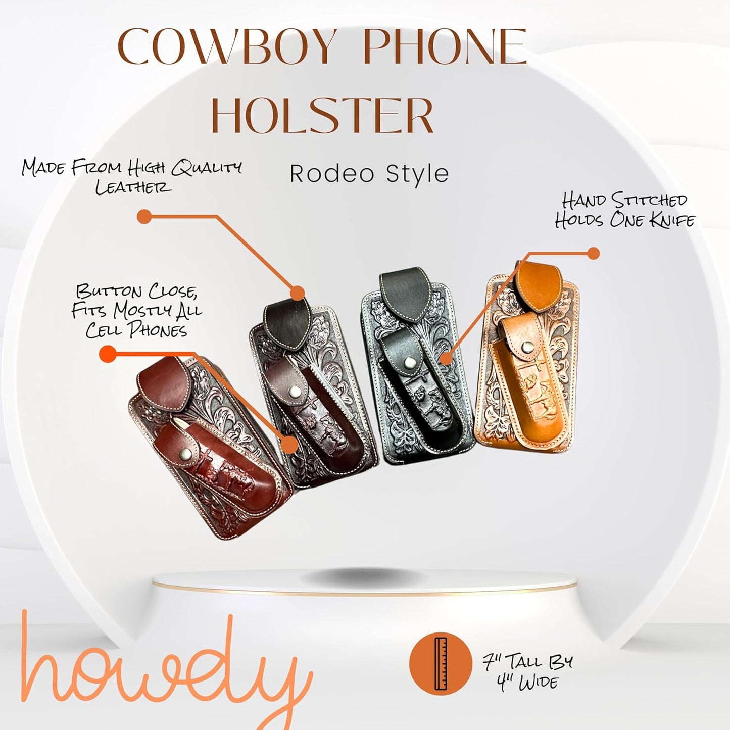 7" LONGHORNS & KNIFE LEATHER HOLSTER POUCH HOLDER XTRA LARGE  BELT LOOP CELL PHONE CASE UNIVERSAL OVERSIZE #EH12303 -- FREE SHIPPING