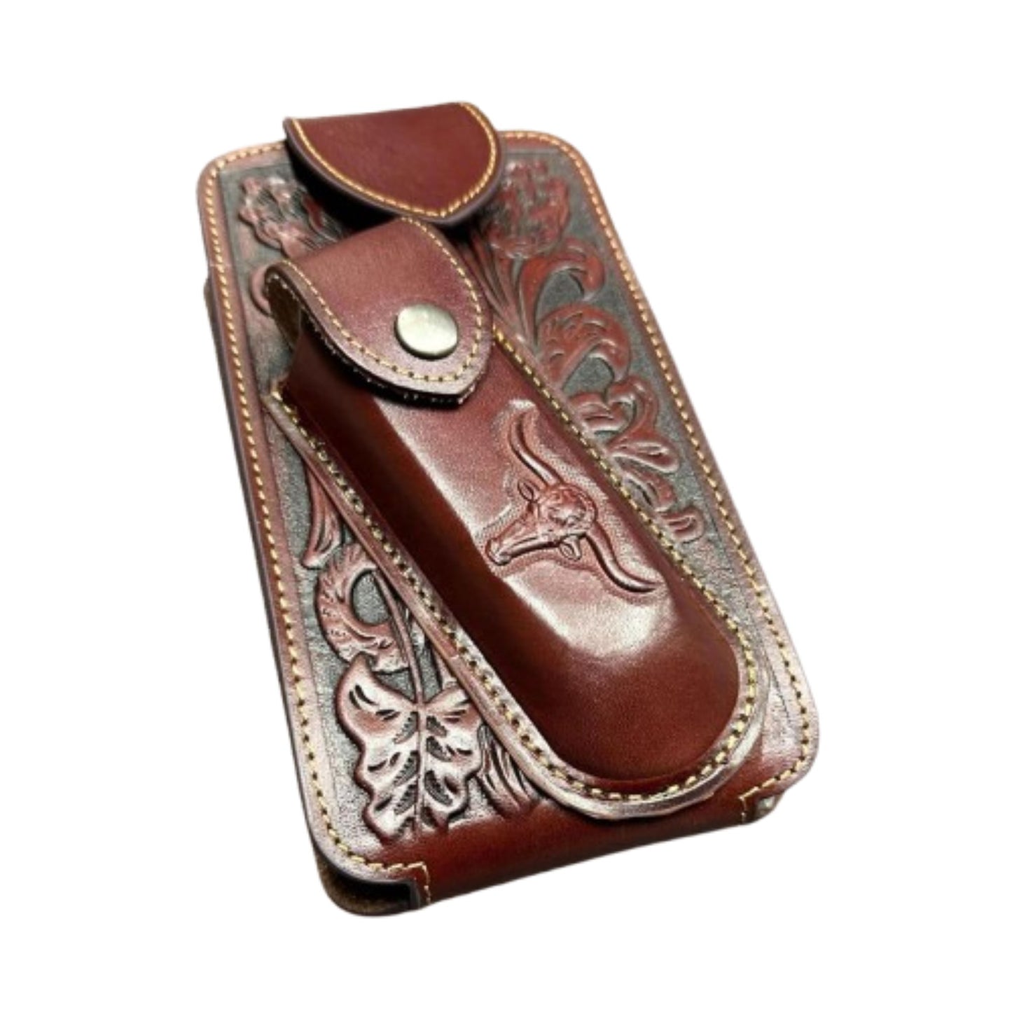 7" LONGHORNS & KNIFE LEATHER HOLSTER POUCH HOLDER XTRA LARGE  BELT LOOP CELL PHONE CASE UNIVERSAL OVERSIZE #EH12303 -- FREE SHIPPING