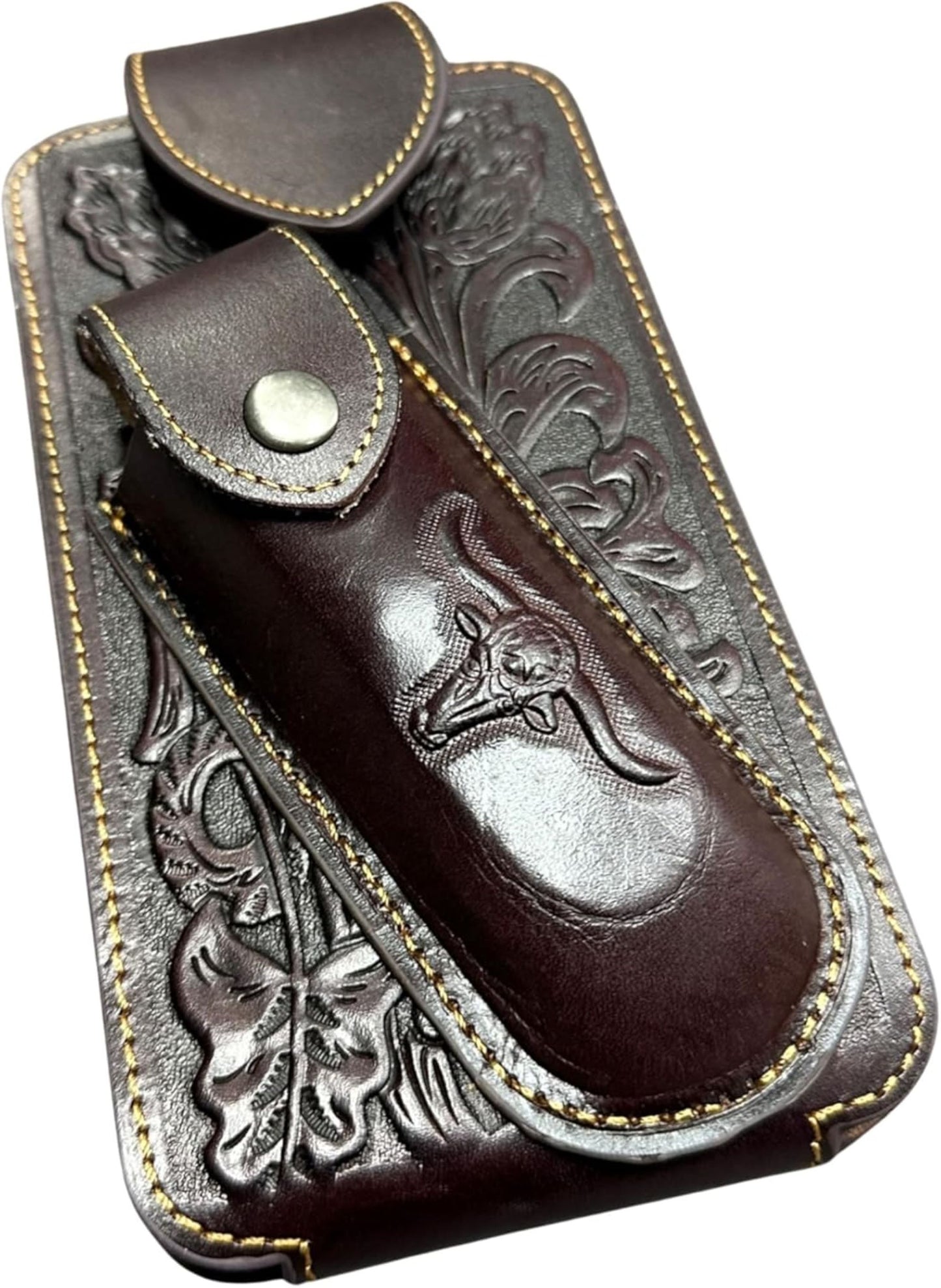 7" LONGHORNS & KNIFE LEATHER HOLSTER POUCH HOLDER XTRA LARGE  BELT LOOP CELL PHONE CASE UNIVERSAL OVERSIZE #EH12303 -- FREE SHIPPING