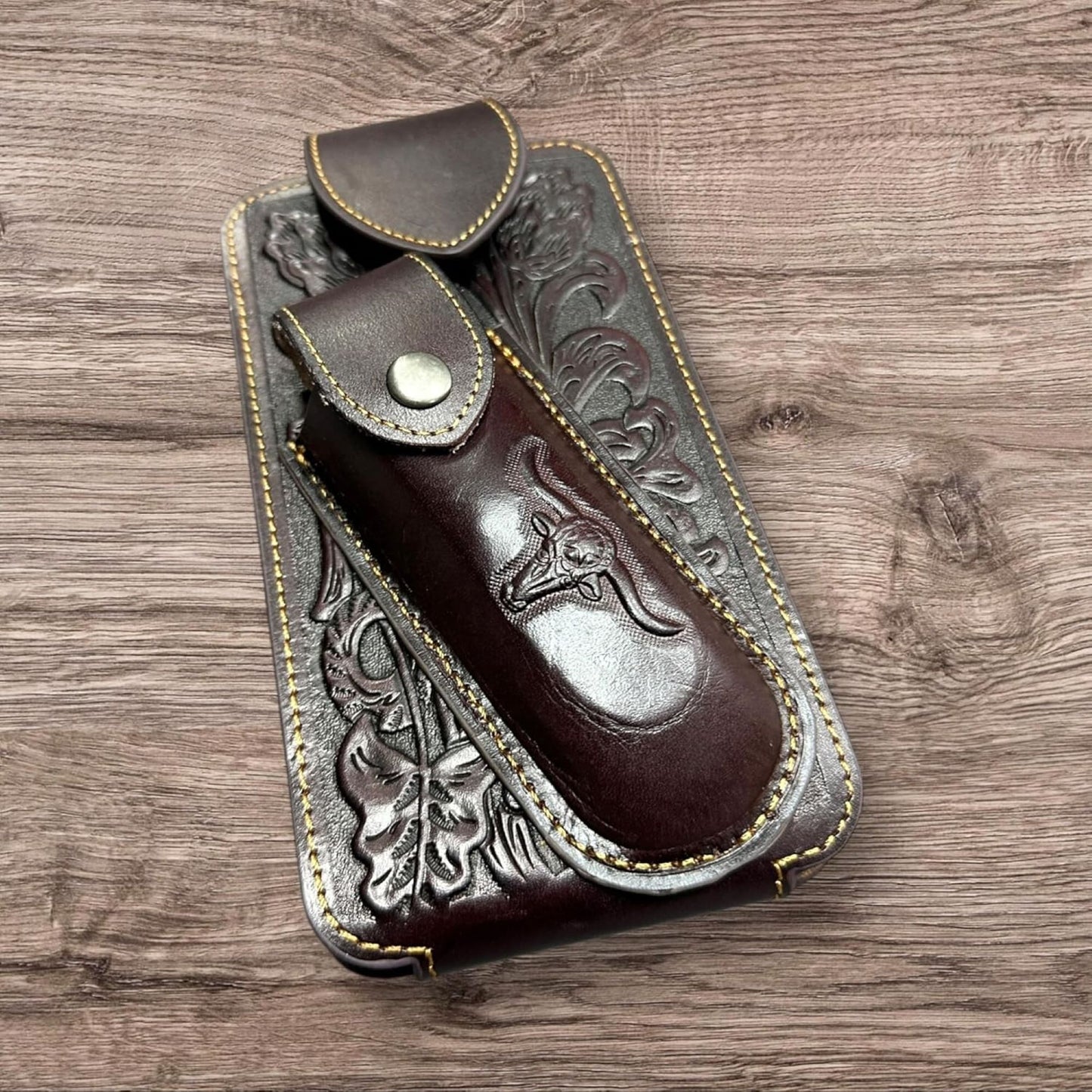 7" LONGHORNS & KNIFE LEATHER HOLSTER POUCH HOLDER XTRA LARGE  BELT LOOP CELL PHONE CASE UNIVERSAL OVERSIZE #EH12303 -- FREE SHIPPING