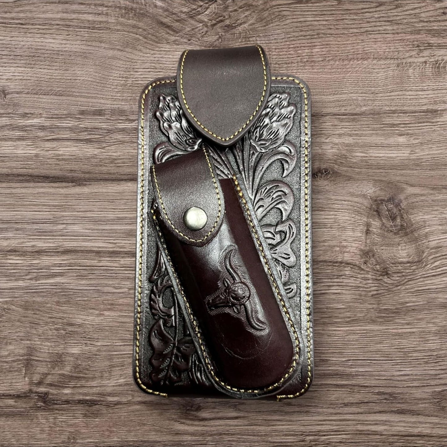 7" LONGHORNS & KNIFE LEATHER HOLSTER POUCH HOLDER XTRA LARGE  BELT LOOP CELL PHONE CASE UNIVERSAL OVERSIZE #EH12303 -- FREE SHIPPING