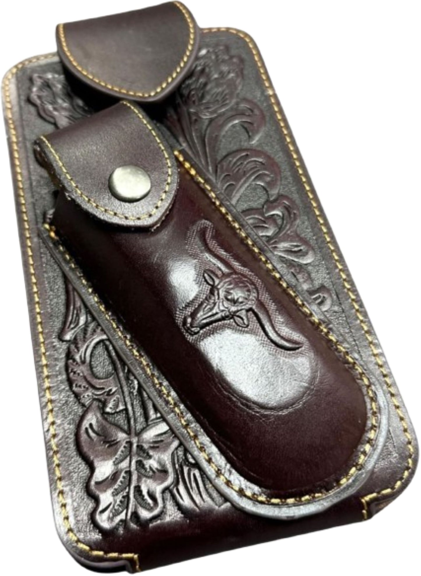 7" LONGHORNS & KNIFE LEATHER HOLSTER POUCH HOLDER XTRA LARGE  BELT LOOP CELL PHONE CASE UNIVERSAL OVERSIZE #EH12303 -- FREE SHIPPING