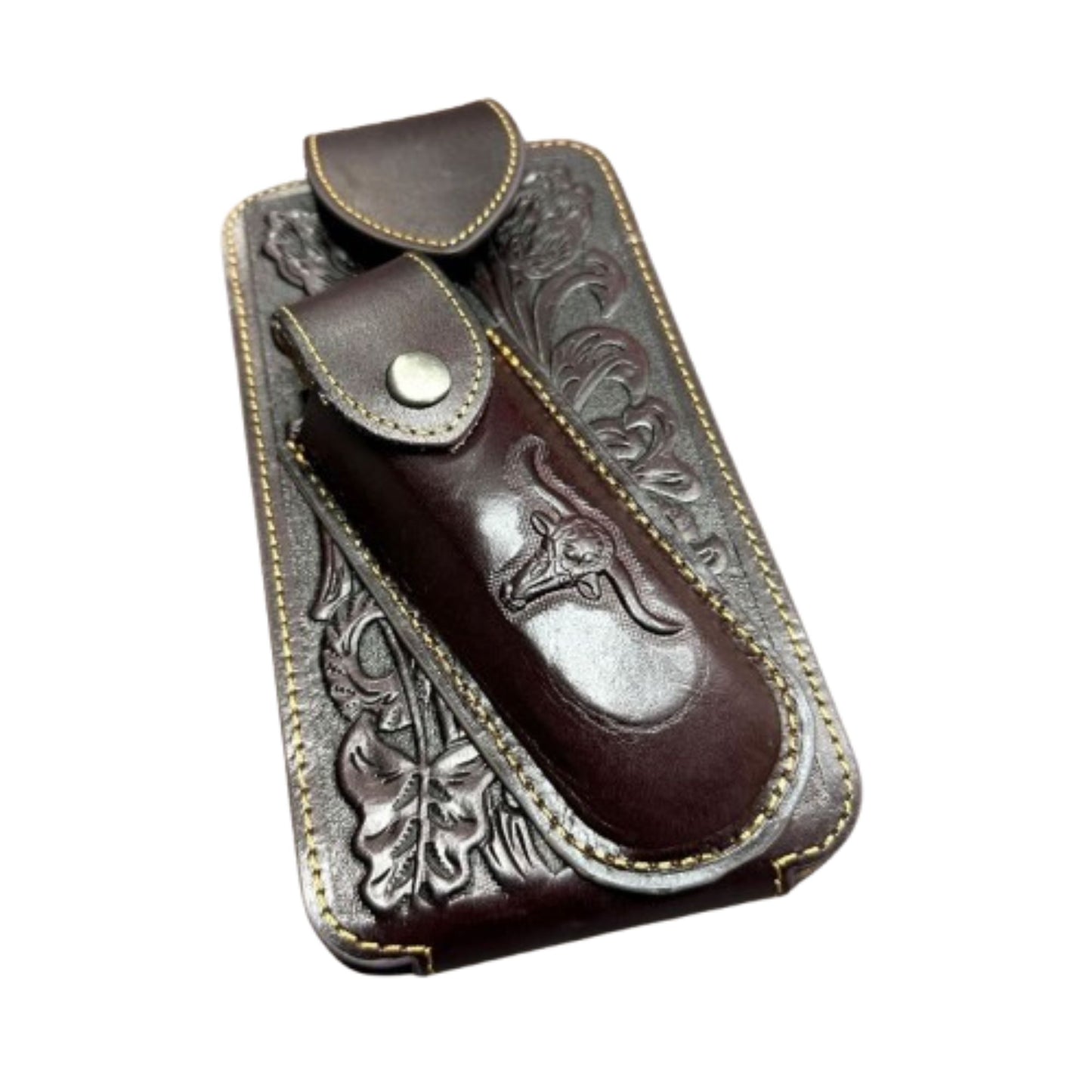 7" LONGHORNS & KNIFE LEATHER HOLSTER POUCH HOLDER XTRA LARGE  BELT LOOP CELL PHONE CASE UNIVERSAL OVERSIZE #EH12303 -- FREE SHIPPING