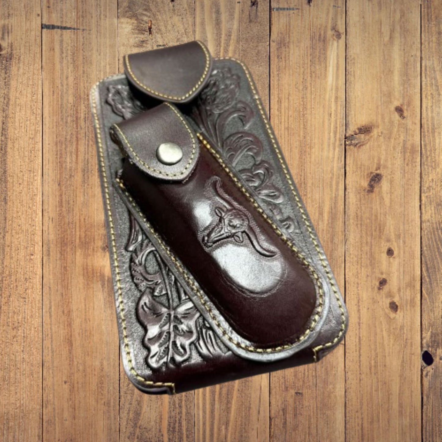 7" LONGHORNS & KNIFE LEATHER HOLSTER POUCH HOLDER XTRA LARGE  BELT LOOP CELL PHONE CASE UNIVERSAL OVERSIZE #EH12303 -- FREE SHIPPING