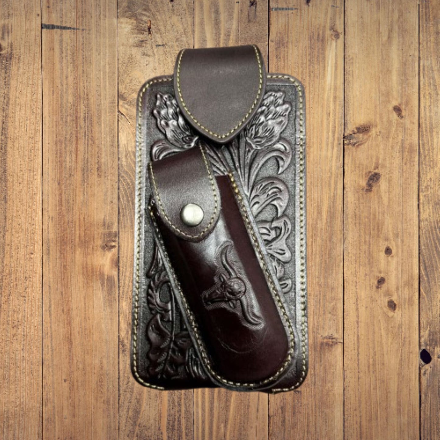 7" LONGHORNS & KNIFE LEATHER HOLSTER POUCH HOLDER XTRA LARGE  BELT LOOP CELL PHONE CASE UNIVERSAL OVERSIZE #EH12303 -- FREE SHIPPING