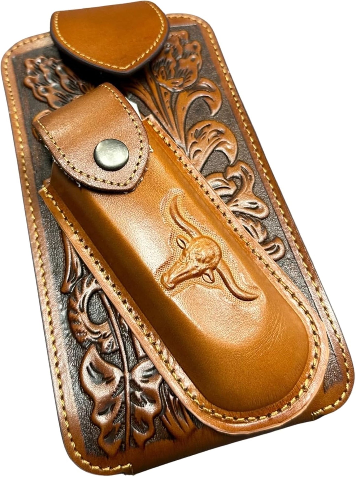 7" LONGHORNS & KNIFE LEATHER HOLSTER POUCH HOLDER XTRA LARGE  BELT LOOP CELL PHONE CASE UNIVERSAL OVERSIZE #EH12303 -- FREE SHIPPING