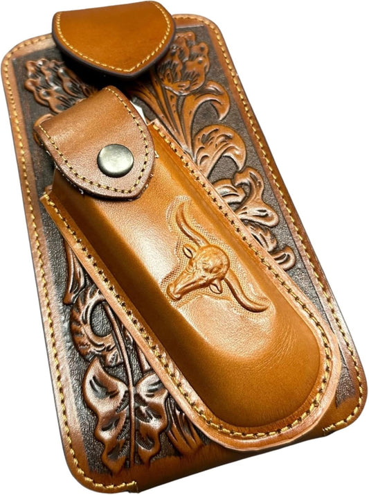 7" LONGHORNS & KNIFE LEATHER HOLSTER POUCH HOLDER XTRA LARGE  BELT LOOP CELL PHONE CASE UNIVERSAL OVERSIZE #EH12303 -- FREE SHIPPING