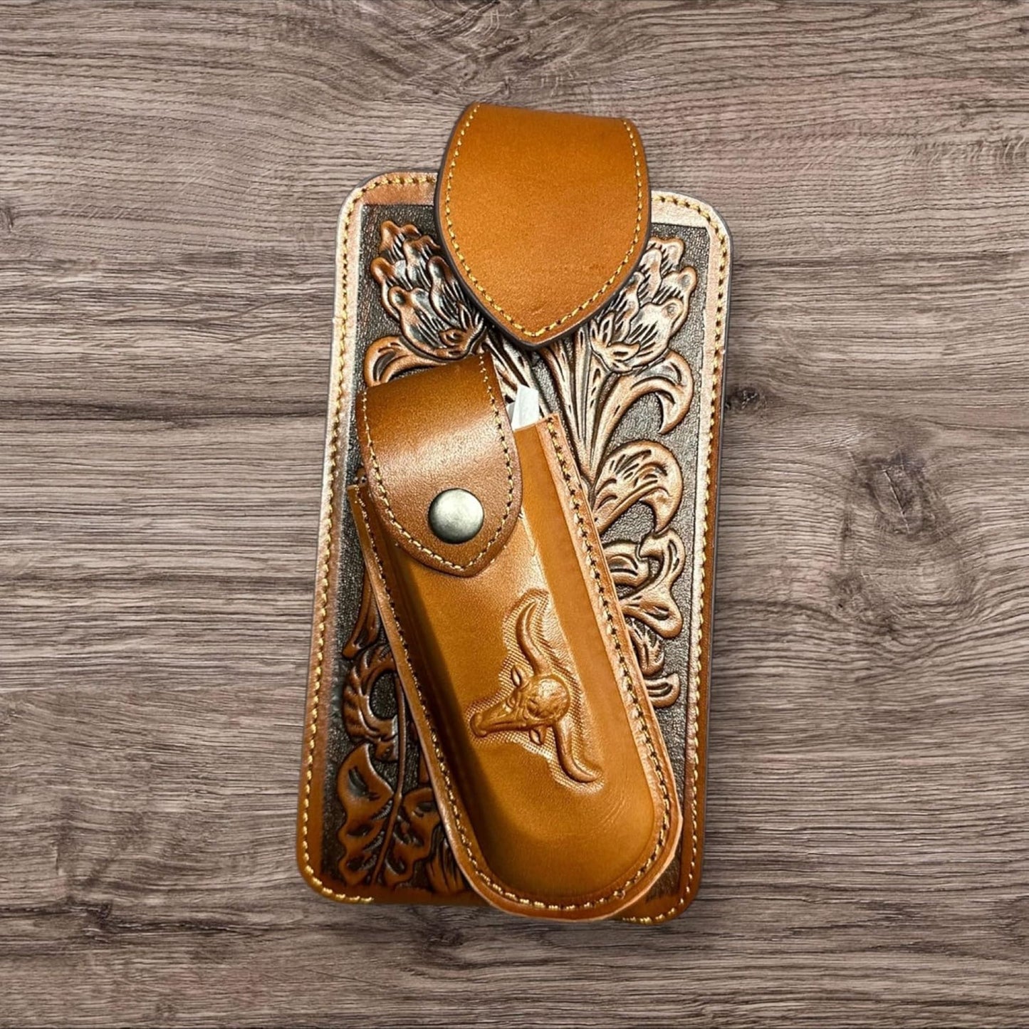 7" LONGHORNS & KNIFE LEATHER HOLSTER POUCH HOLDER XTRA LARGE  BELT LOOP CELL PHONE CASE UNIVERSAL OVERSIZE #EH12303 -- FREE SHIPPING