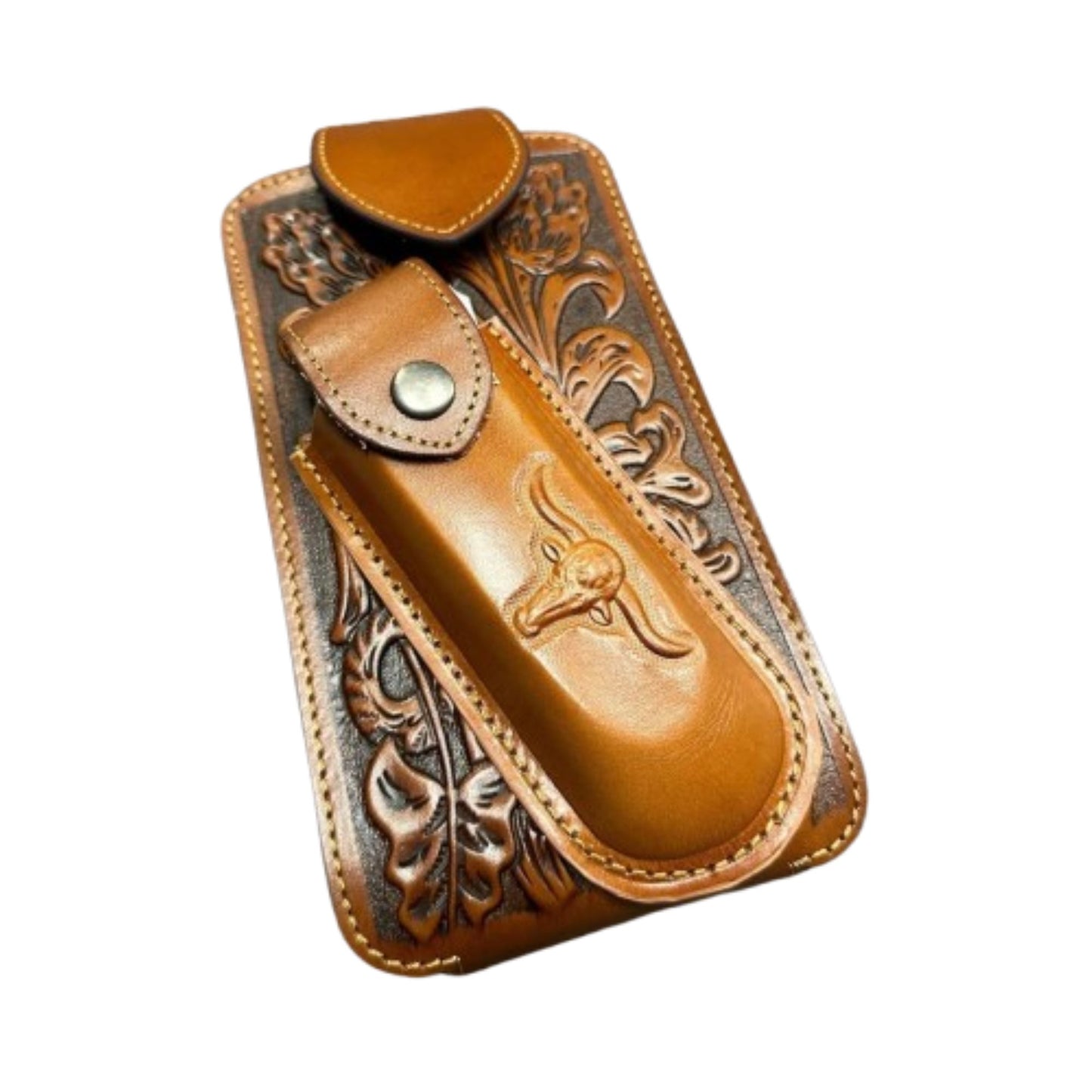 7" LONGHORNS & KNIFE LEATHER HOLSTER POUCH HOLDER XTRA LARGE  BELT LOOP CELL PHONE CASE UNIVERSAL OVERSIZE #EH12303 -- FREE SHIPPING