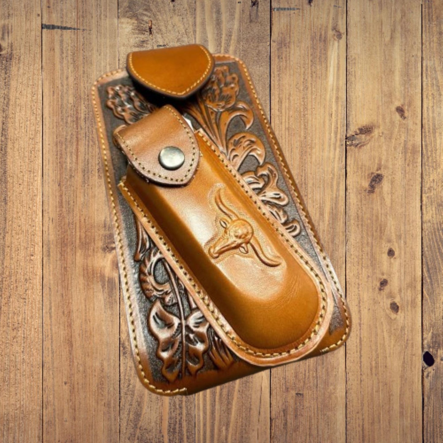 7" LONGHORNS & KNIFE LEATHER HOLSTER POUCH HOLDER XTRA LARGE  BELT LOOP CELL PHONE CASE UNIVERSAL OVERSIZE #EH12303 -- FREE SHIPPING