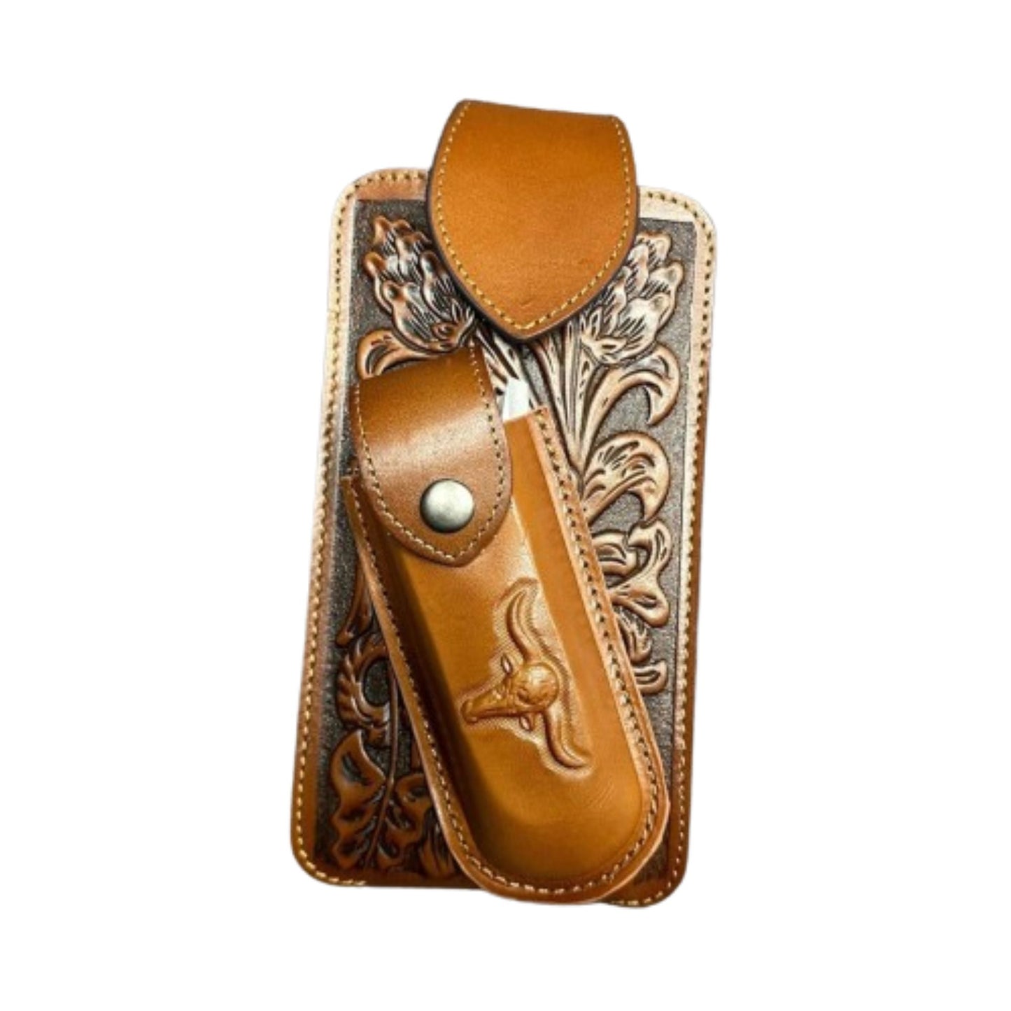 7" LONGHORNS & KNIFE LEATHER HOLSTER POUCH HOLDER XTRA LARGE  BELT LOOP CELL PHONE CASE UNIVERSAL OVERSIZE #EH12303 -- FREE SHIPPING