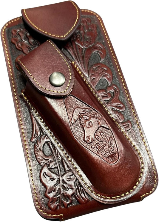 7" HORSE & KNIFE LEATHER POUCH HOLDER XTRA LARGE  BELT LOOP CELL PHONE CASE UNIVERSAL OVERSIZE #EH12292 -- FREE SHIPPING