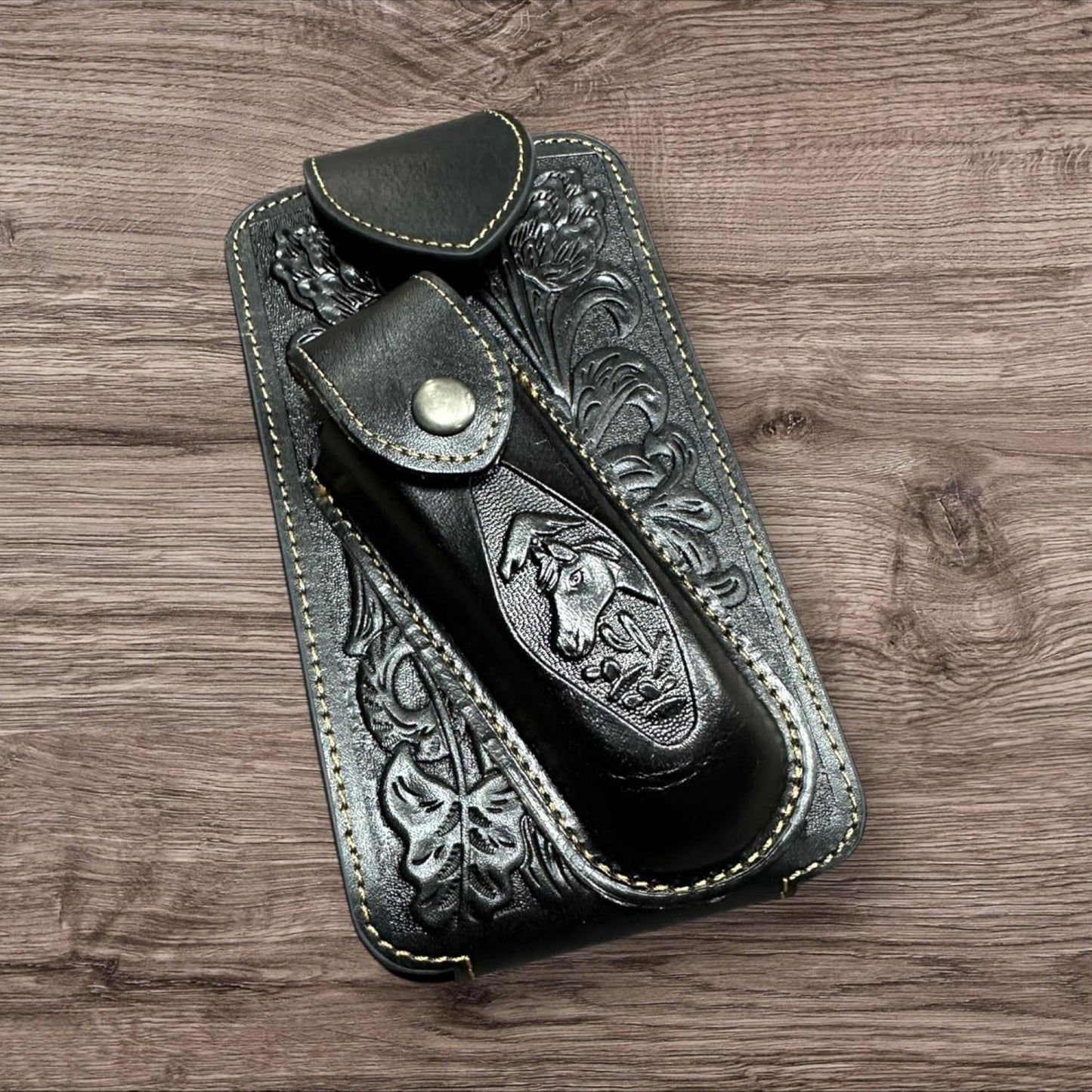 7" HORSE & KNIFE LEATHER POUCH HOLDER XTRA LARGE  BELT LOOP CELL PHONE CASE UNIVERSAL OVERSIZE #EH12292 -- FREE SHIPPING