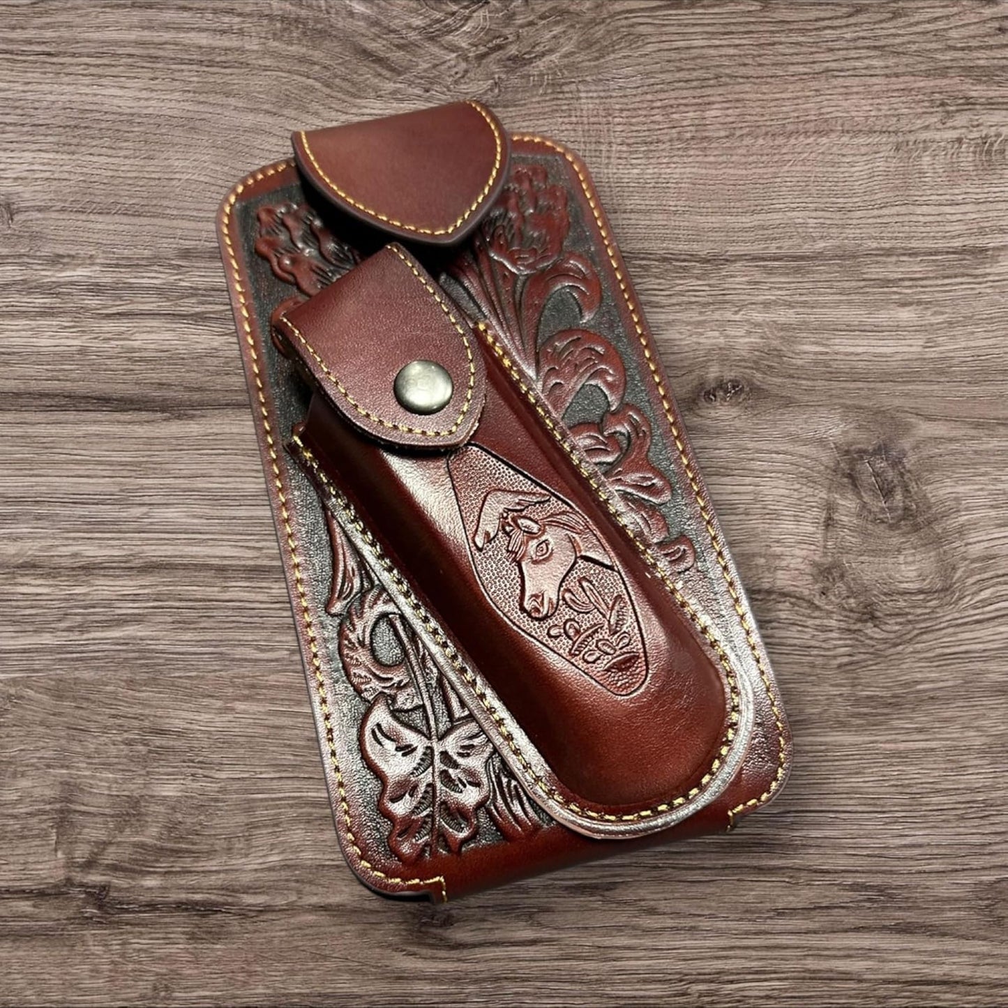7" HORSE & KNIFE LEATHER POUCH HOLDER XTRA LARGE  BELT LOOP CELL PHONE CASE UNIVERSAL OVERSIZE #EH12292 -- FREE SHIPPING