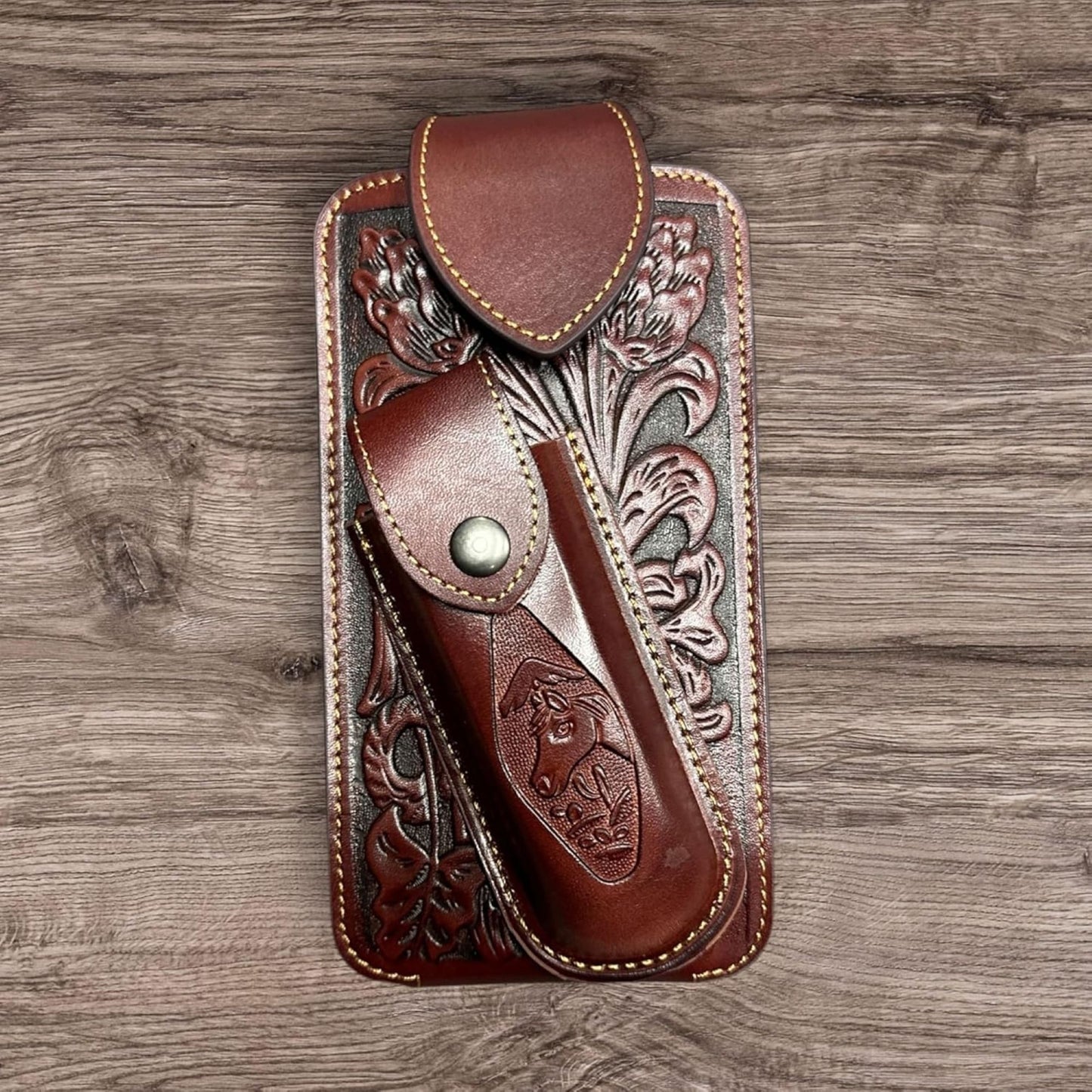 7" HORSE & KNIFE LEATHER POUCH HOLDER XTRA LARGE  BELT LOOP CELL PHONE CASE UNIVERSAL OVERSIZE #EH12292 -- FREE SHIPPING