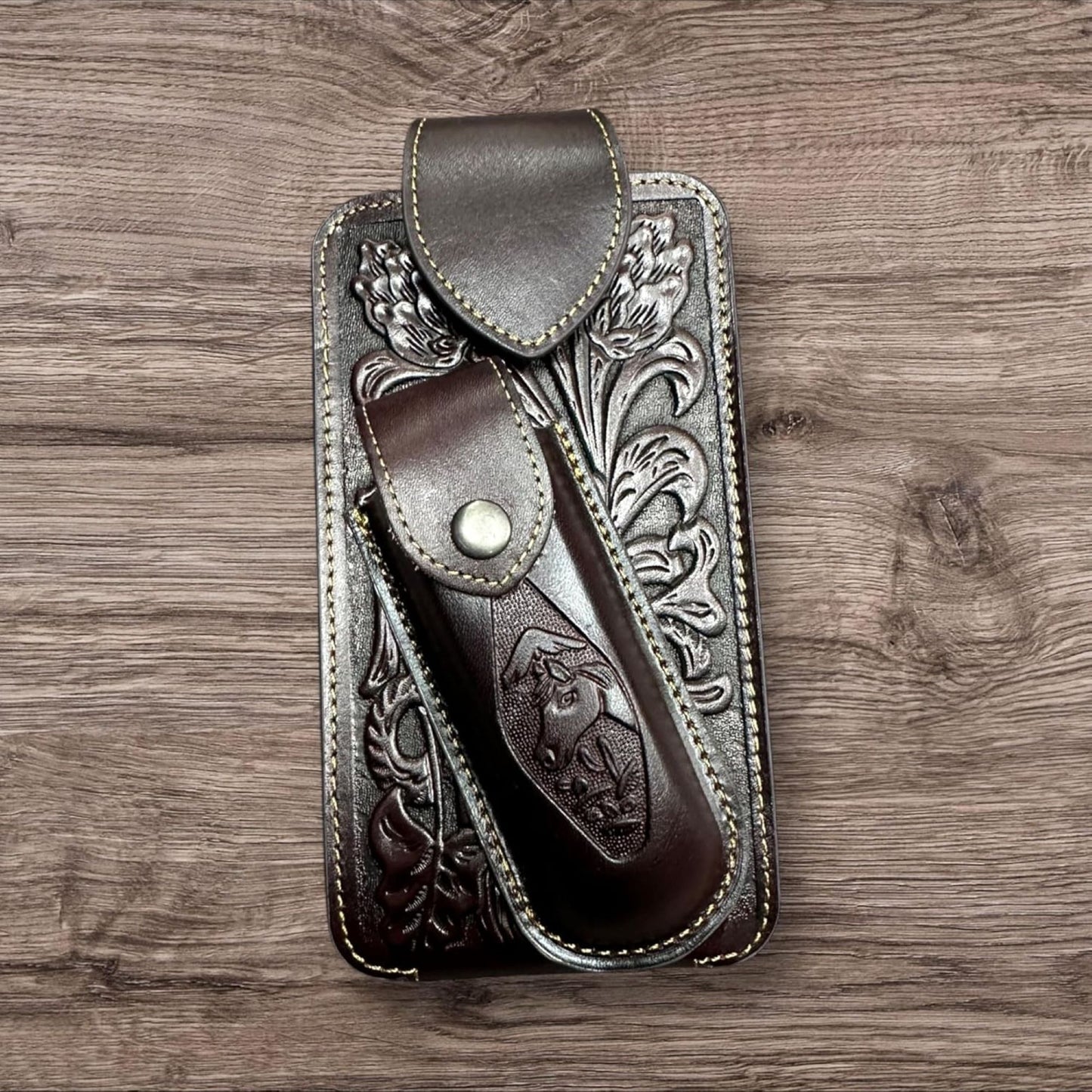 7" HORSE & KNIFE LEATHER POUCH HOLDER XTRA LARGE  BELT LOOP CELL PHONE CASE UNIVERSAL OVERSIZE #EH12292 -- FREE SHIPPING