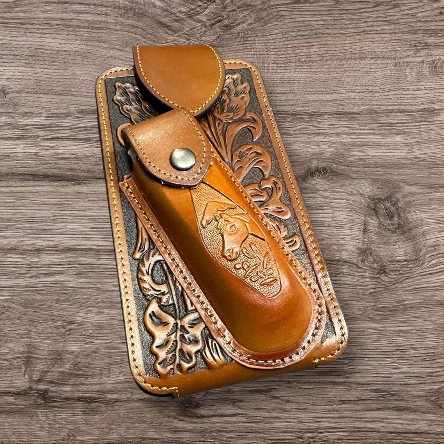 7" HORSE & KNIFE LEATHER POUCH HOLDER XTRA LARGE  BELT LOOP CELL PHONE CASE UNIVERSAL OVERSIZE #EH12292 -- FREE SHIPPING