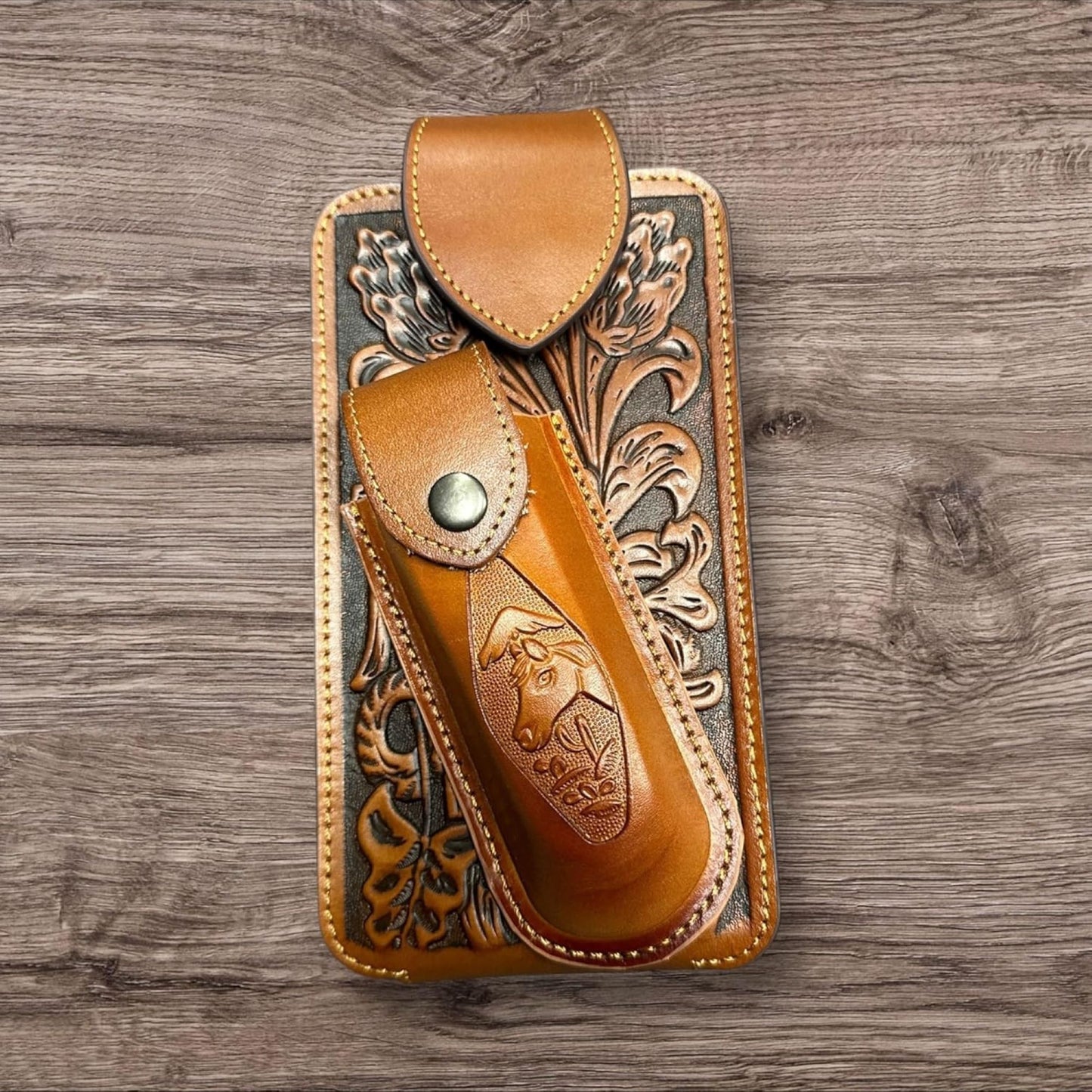 7" HORSE & KNIFE LEATHER POUCH HOLDER XTRA LARGE  BELT LOOP CELL PHONE CASE UNIVERSAL OVERSIZE #EH12292 -- FREE SHIPPING
