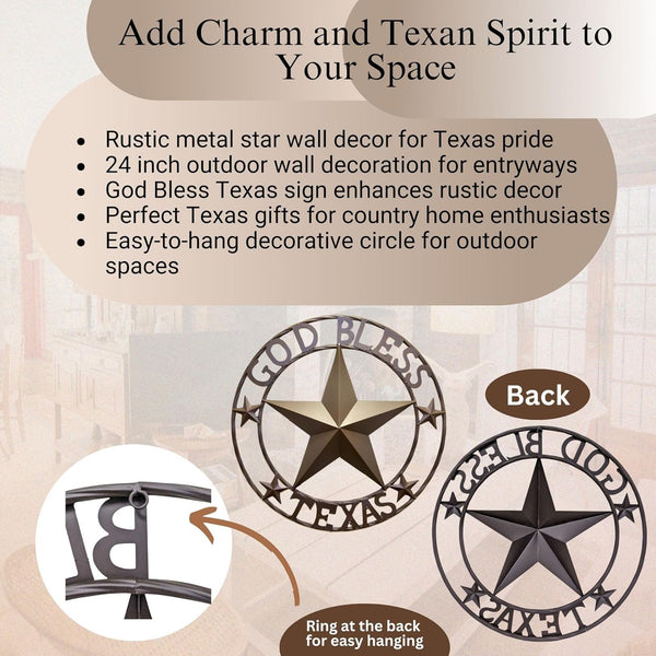 GOD BLESS TEXAS BROWN BARN STAR METAL LONE STAR TWISTED ROPE RING WESTERN HOME DECOR HANDMADE NEW #EH11085
