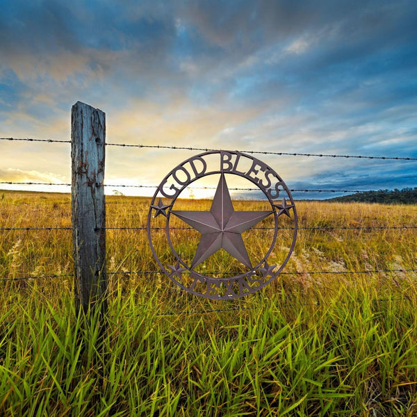 GOD BLESS TEXAS BROWN BARN STAR METAL LONE STAR TWISTED ROPE RING WESTERN HOME DECOR HANDMADE NEW #EH11085