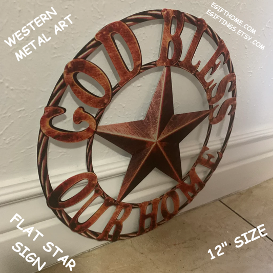 12" GOD BLESS OUR HOME METAL FLAT 2D  STAR SIGN LASERCUT ART WESTERN HOME DECOR HANDMADE NEW #EH11364