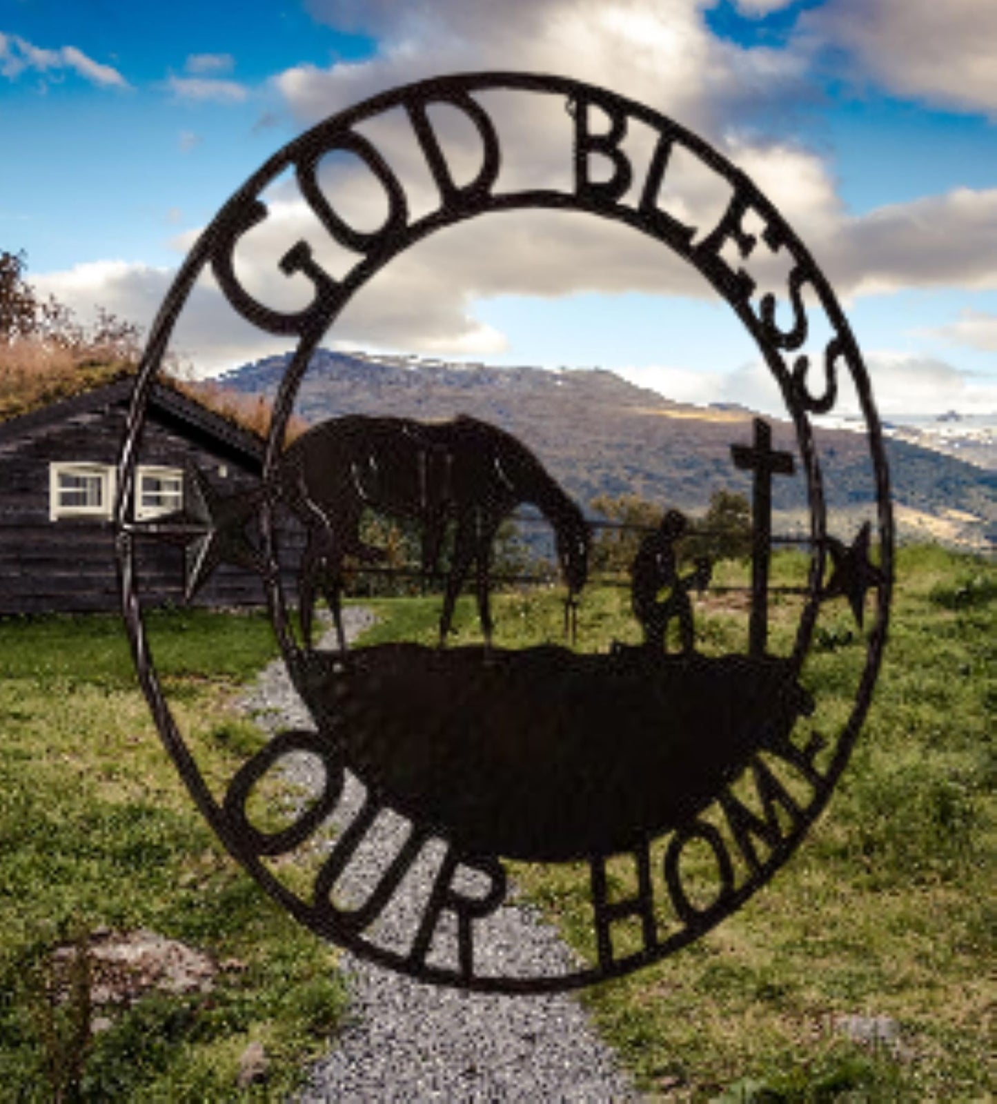 #SI_XL2114 GOD BLESS OUR HOME PRAYING CROSS 24",32" METAL SIGN WESTERN HOME DECOR HANDMADE NEW