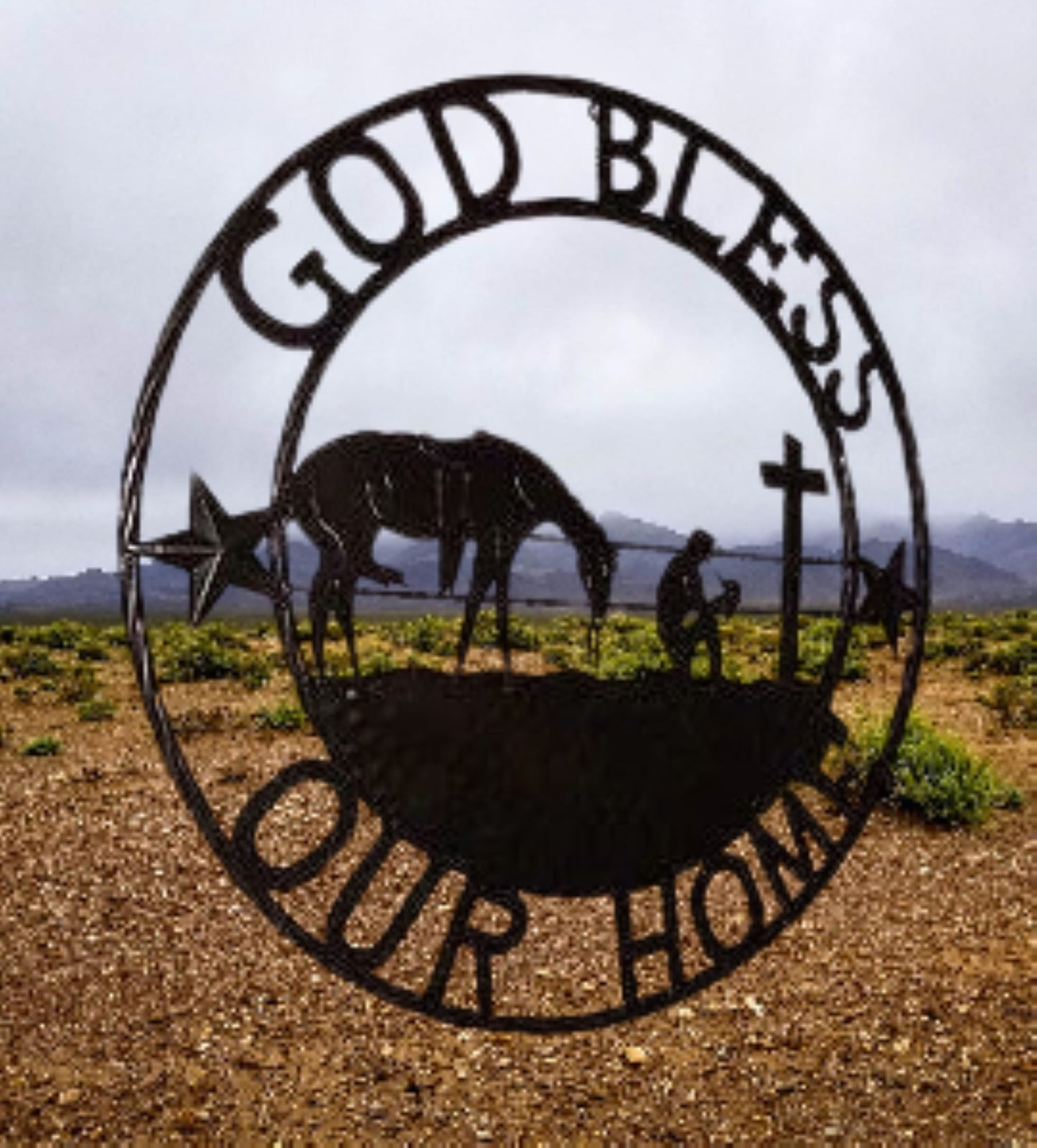 #SI_XL2114 GOD BLESS OUR HOME PRAYING CROSS 24",32" METAL SIGN WESTERN HOME DECOR HANDMADE NEW