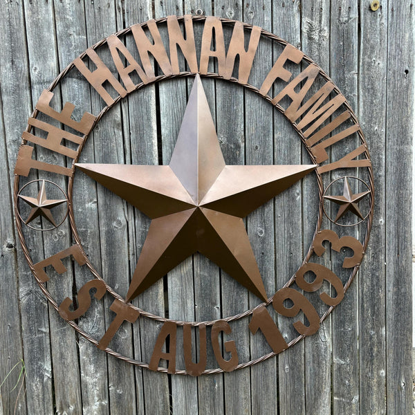HANNAH FAMILY STYLE YOUR CUSTOM FAMILY NAME STAR METAL BARN STAR TWIST ROPE RING WESTERN HOME DECOR RUSTIC BRONZE HANDMADE