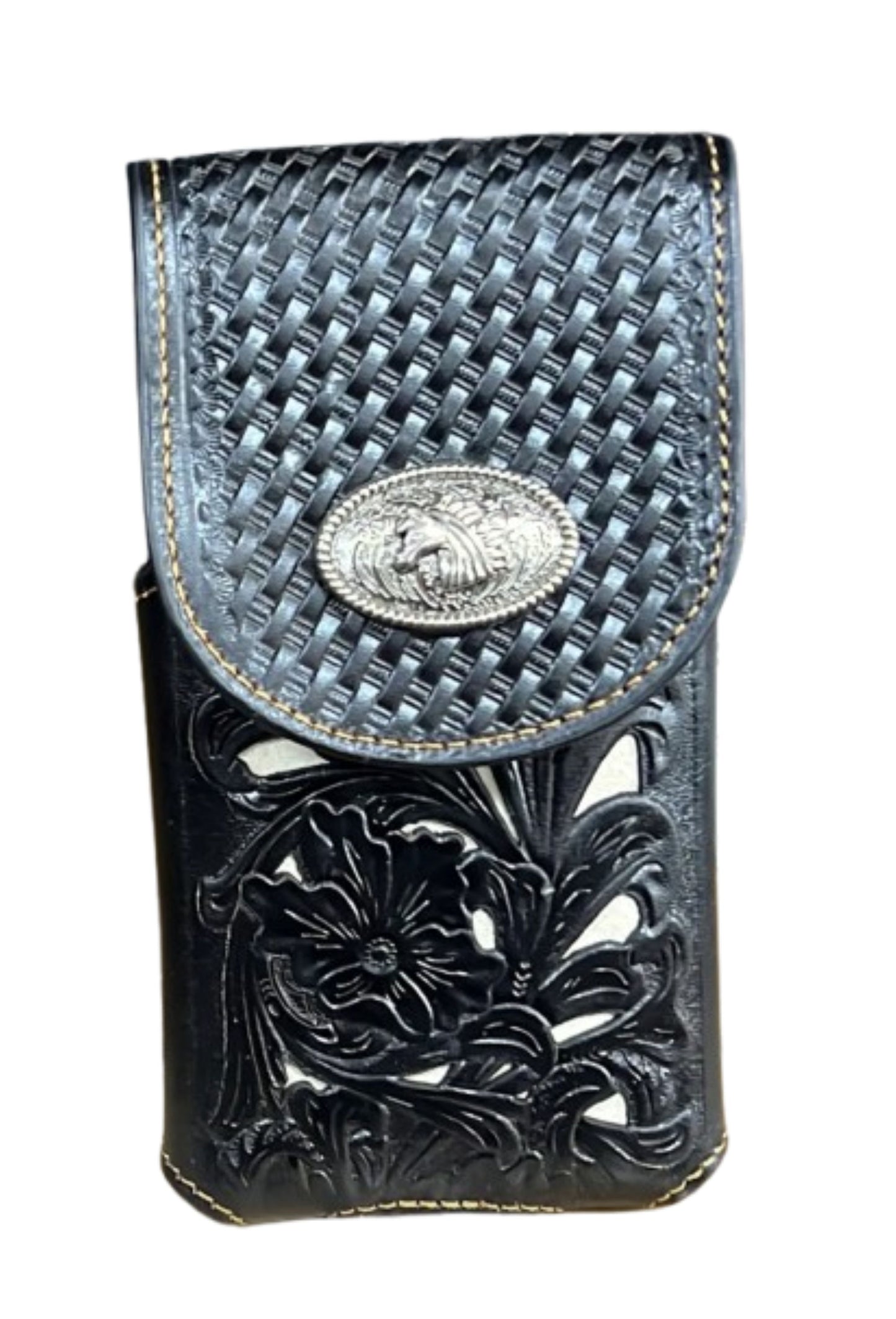 7" HORSE BLACK WHITE LEATHER POUCH EXTRA LARGE  BELT LOOP HOLSTER CELL PHONE CASE UNIVERSAL OVERSIZE HANDMADE #EH13847