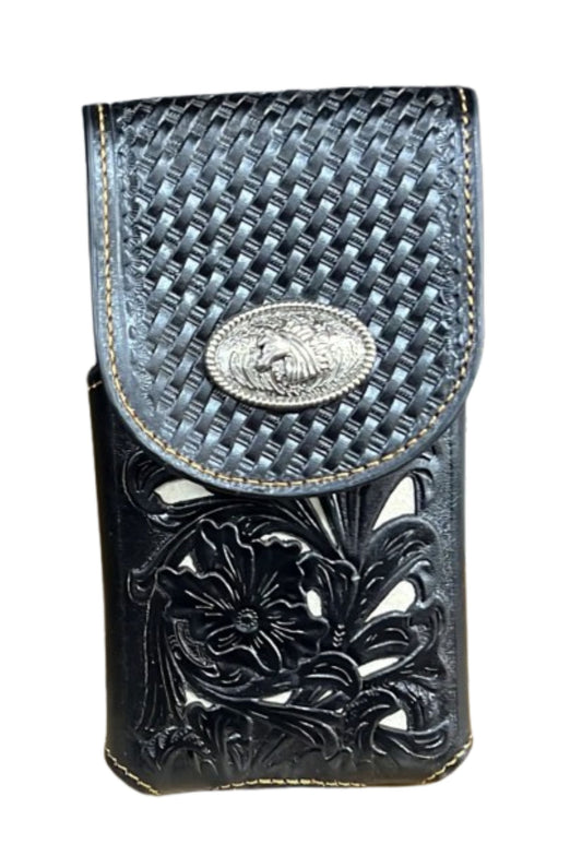 7" HORSE BLACK WHITE LEATHER POUCH EXTRA LARGE  BELT LOOP HOLSTER CELL PHONE CASE UNIVERSAL OVERSIZE HANDMADE #EH13847